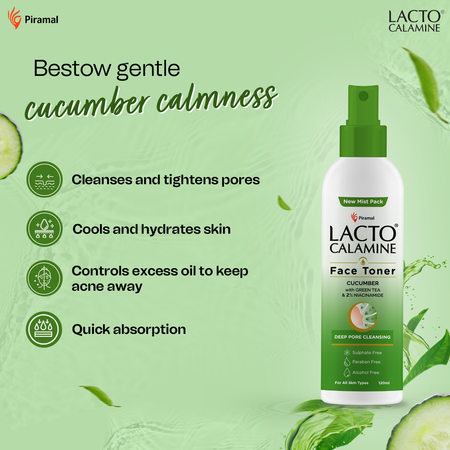 Image of Lacto Calamine Cucumber Face Toner with Green Tea & Niacinamide Cool & Hydrated skin Pack of 1 Men & Women