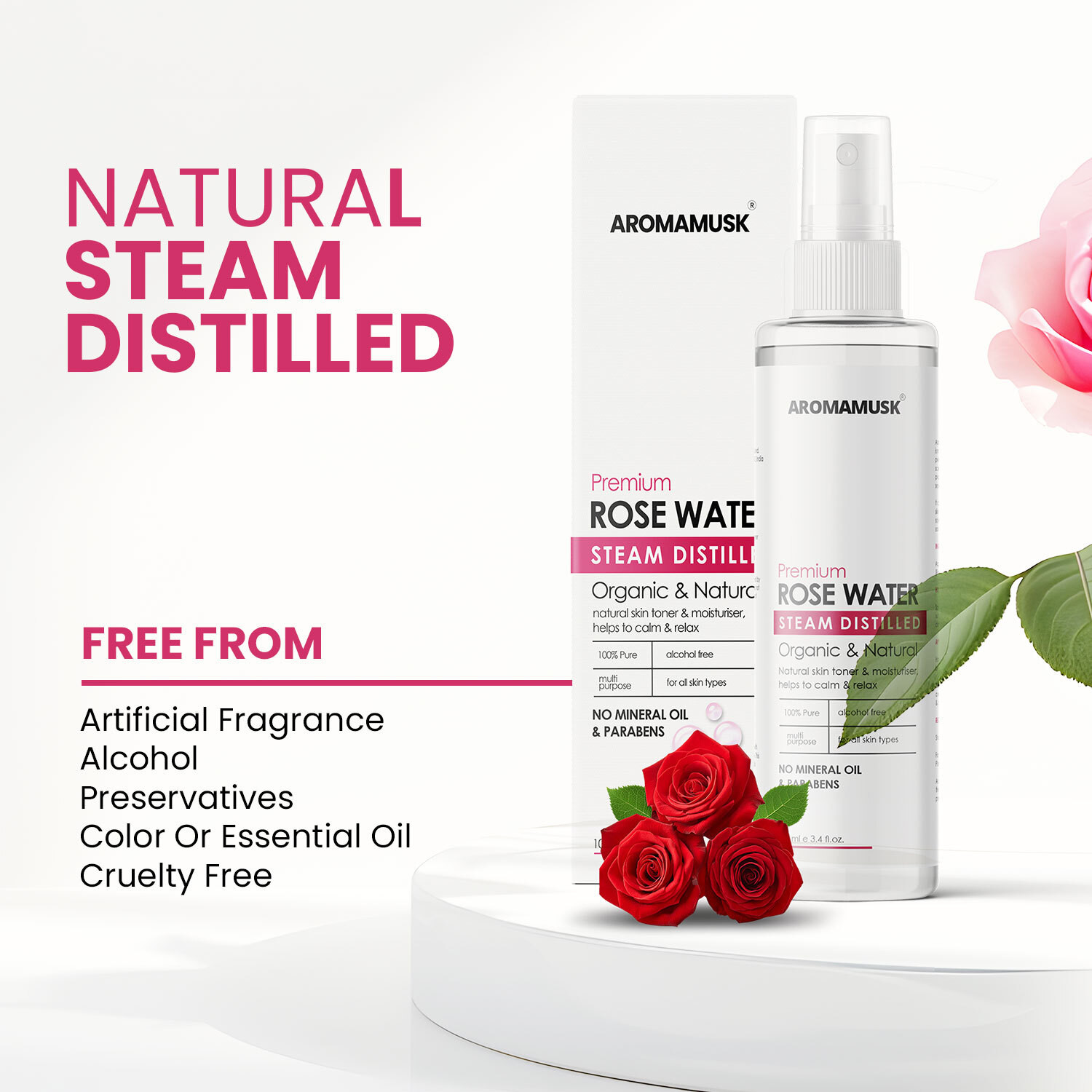 Image of aromamusk 100% Organic & Natural Premium Rose Water For Face & Skin (No Alcohol, Chemical & Paraben Free ) Pack Of 2 Men & Women