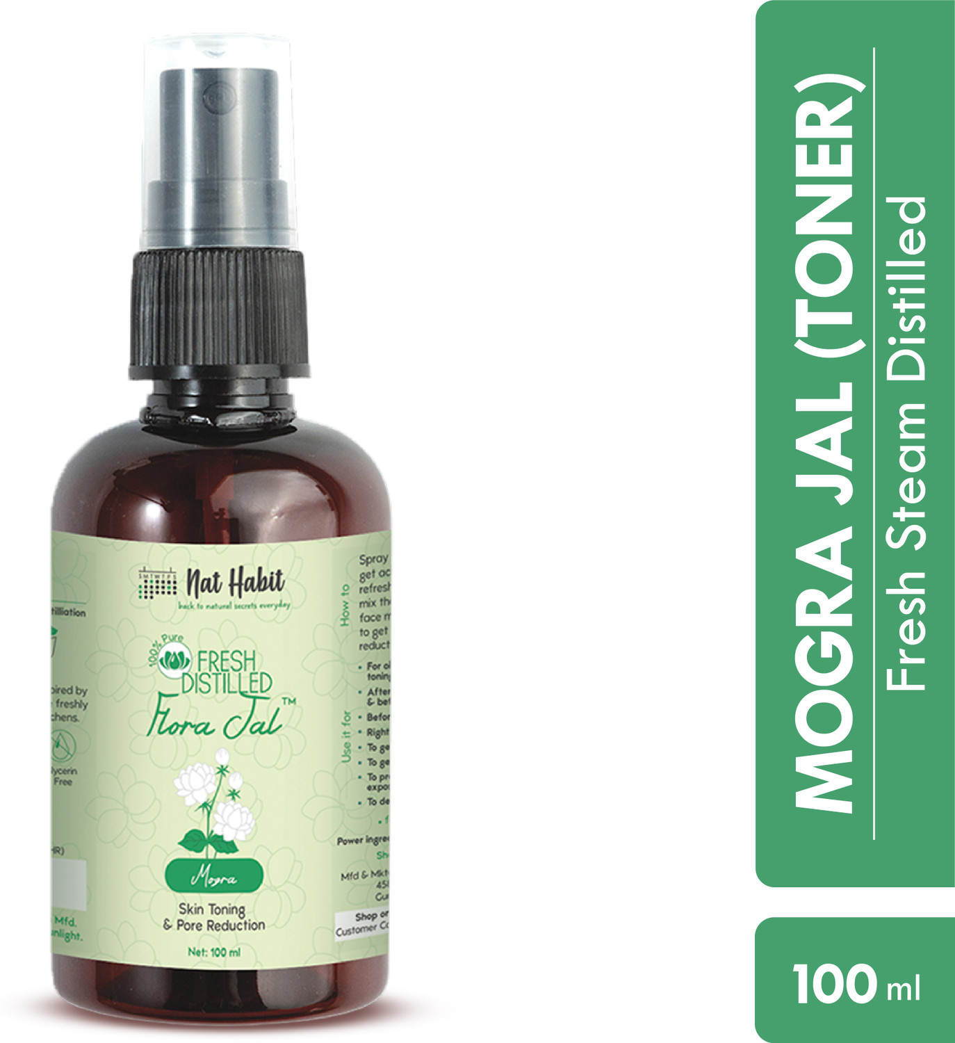 Image of Nat Habit Mogra Jal (Mogra Water) | Toner, Face-Mist, Astringent, Body-Spray | Oil-Control, Acne-Control, Hydration, Face CTM | Ayurvedic, Pure & Fresh Made, Steam-Distilled, 100ml (Single Pack) Men & Women