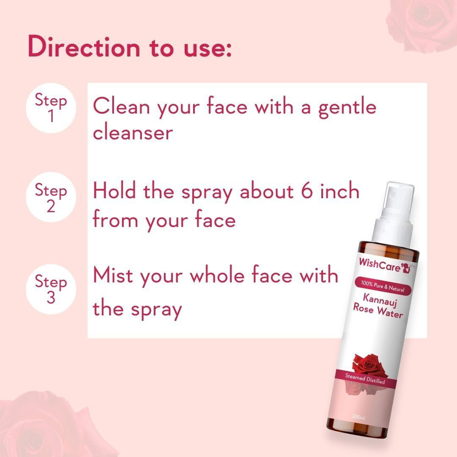 Image of WishCare Pure & Natural Kannauj Rose Water For Skin Face & Hair - Rose Water Spray Toner Men & Women