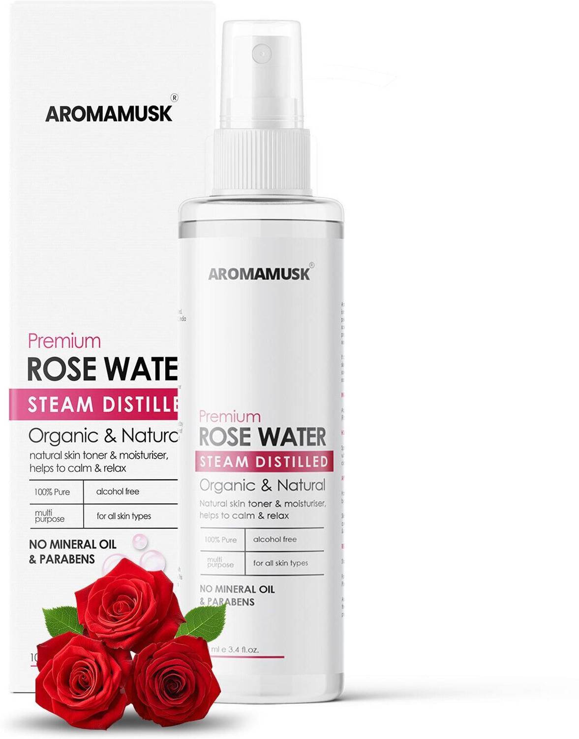 aromamusk 100% Organic & Natural Premium Rose Water For Face & Skin (No Alcohol, Chemical & Paraben Free ) Men & Women