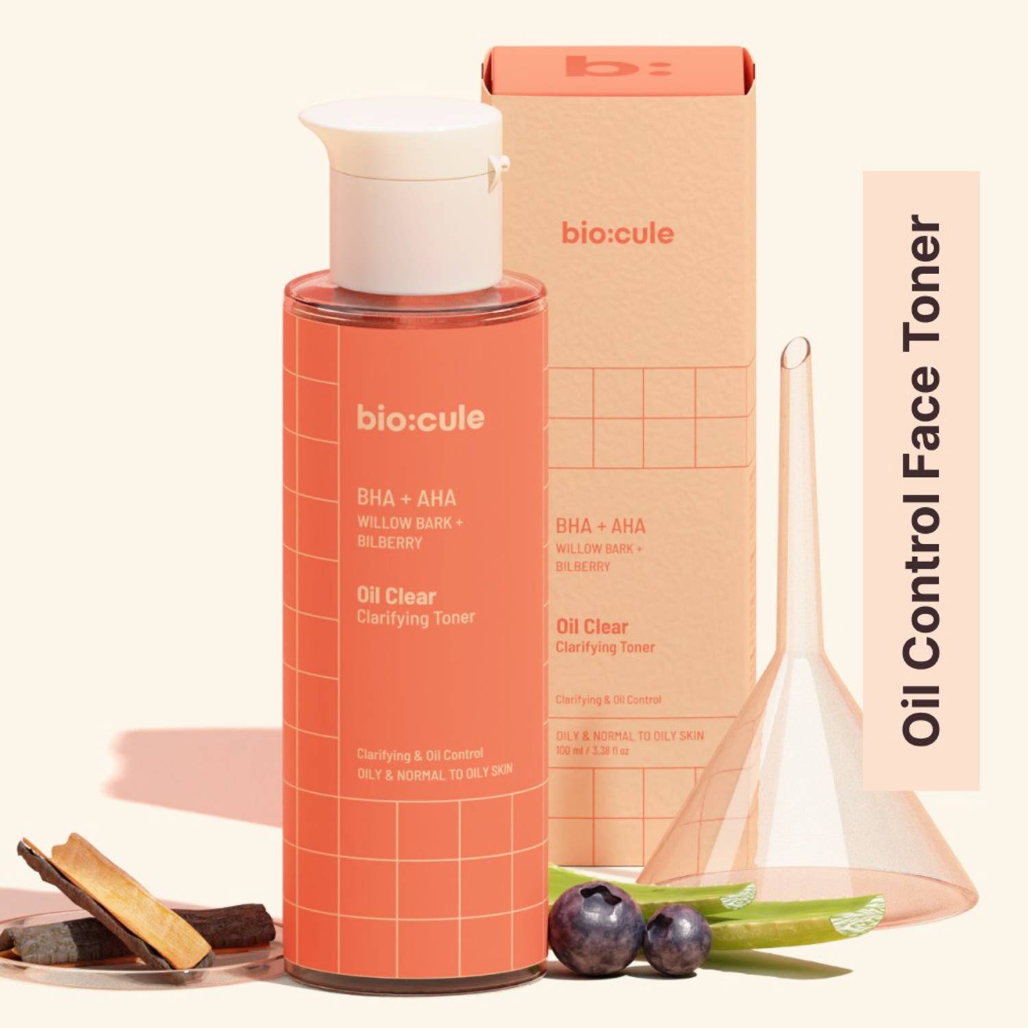 biocule Oil Clear Clarifying Toner, BHA+AHA, from WillowBark & Bilberry, Oil Control for Men & Women