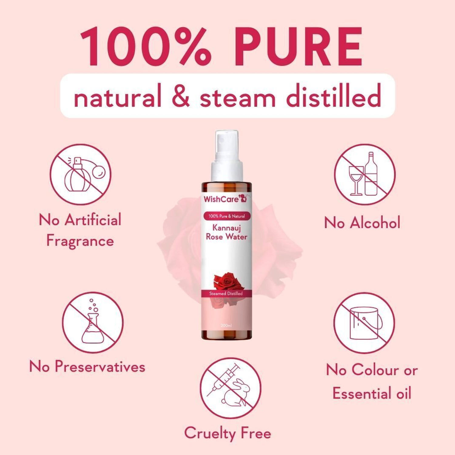 Image of WishCare Pure & Natural Kannauj Rose Water For Skin Face & Hair - Rose Water Spray Toner Men & Women