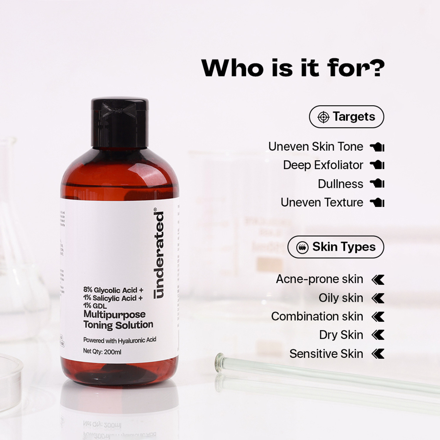 Image of UNDERATED 8% GLYCOLIC ACID + 1% SALICYLIC ACID + 1% GDL MULTIPURPOSE TONING SOLUTION Men & Women