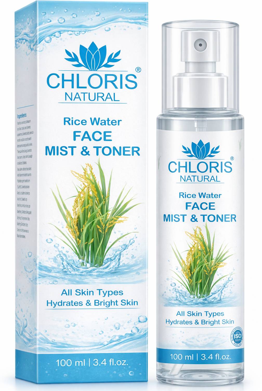 Chloris Natural Rice Water Face Toner, Dry Skin, Hyaluronic Acid, Hydrating & Pores Tightening Men & Women