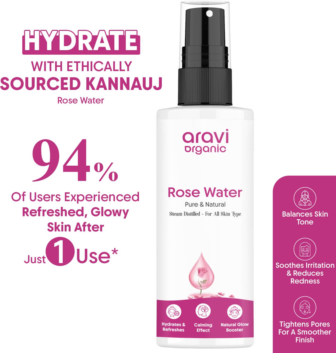 Aravi Organic 100% Pure & Natural Rose Water Steam Distilled Face Spray Toner For Skin & Hair Men & Women