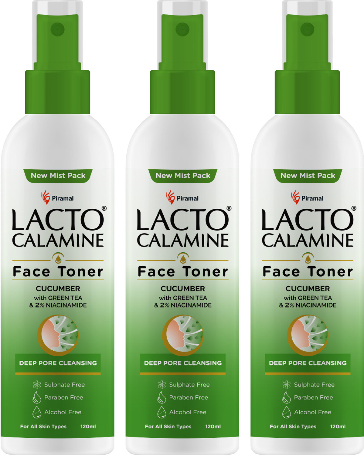 Image of Lacto Calamine Cucumber Face Toner with Green Tea & Niacinamide Cool & Hydrated skin Pack of 3 Men & Women