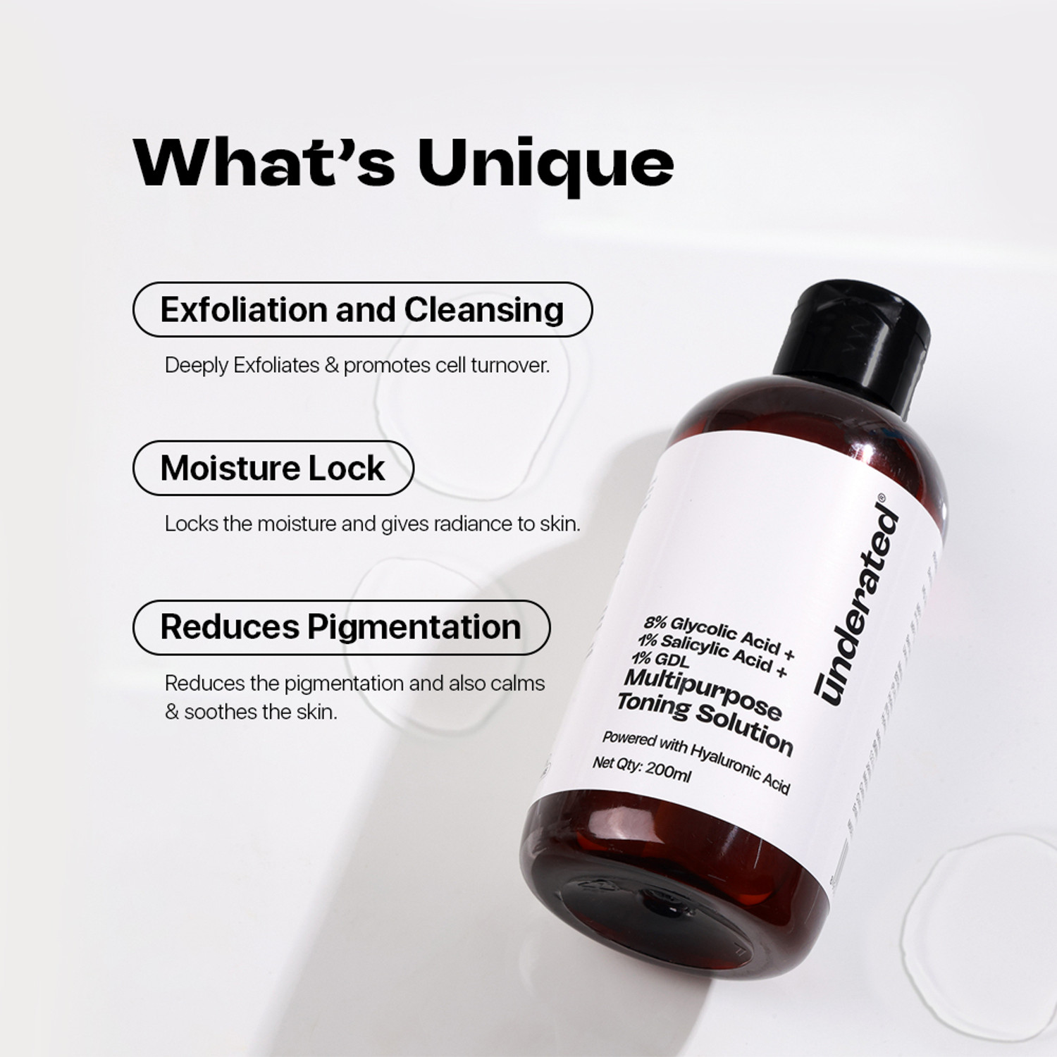 Image of UNDERATED 8% GLYCOLIC ACID + 1% SALICYLIC ACID + 1% GDL MULTIPURPOSE TONING SOLUTION Men & Women