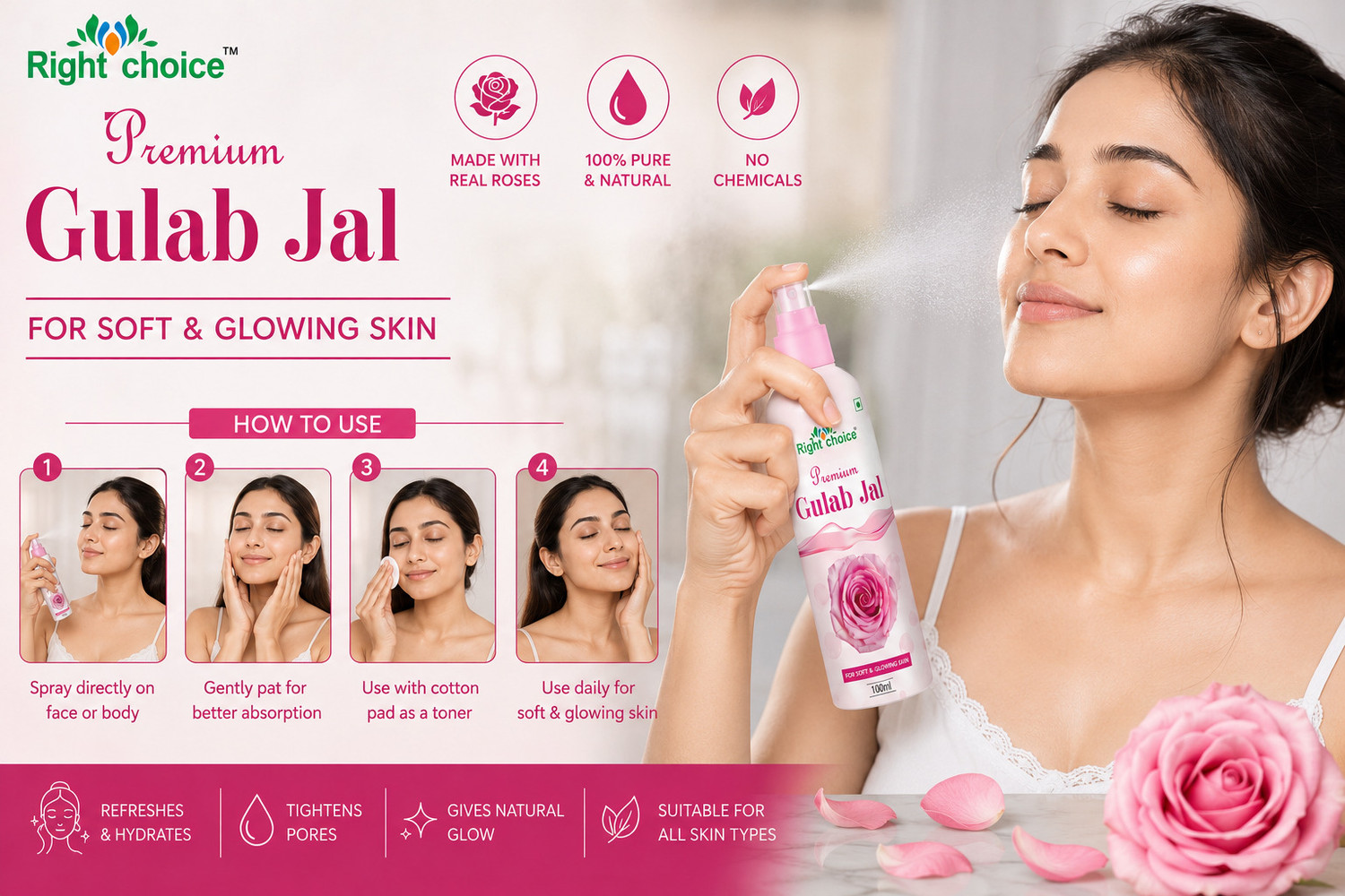 Image of RIGHT CHOICE 100% Organic Rose Water - Toner,Cleanser,Nourishing for Skin Care Men & Women
