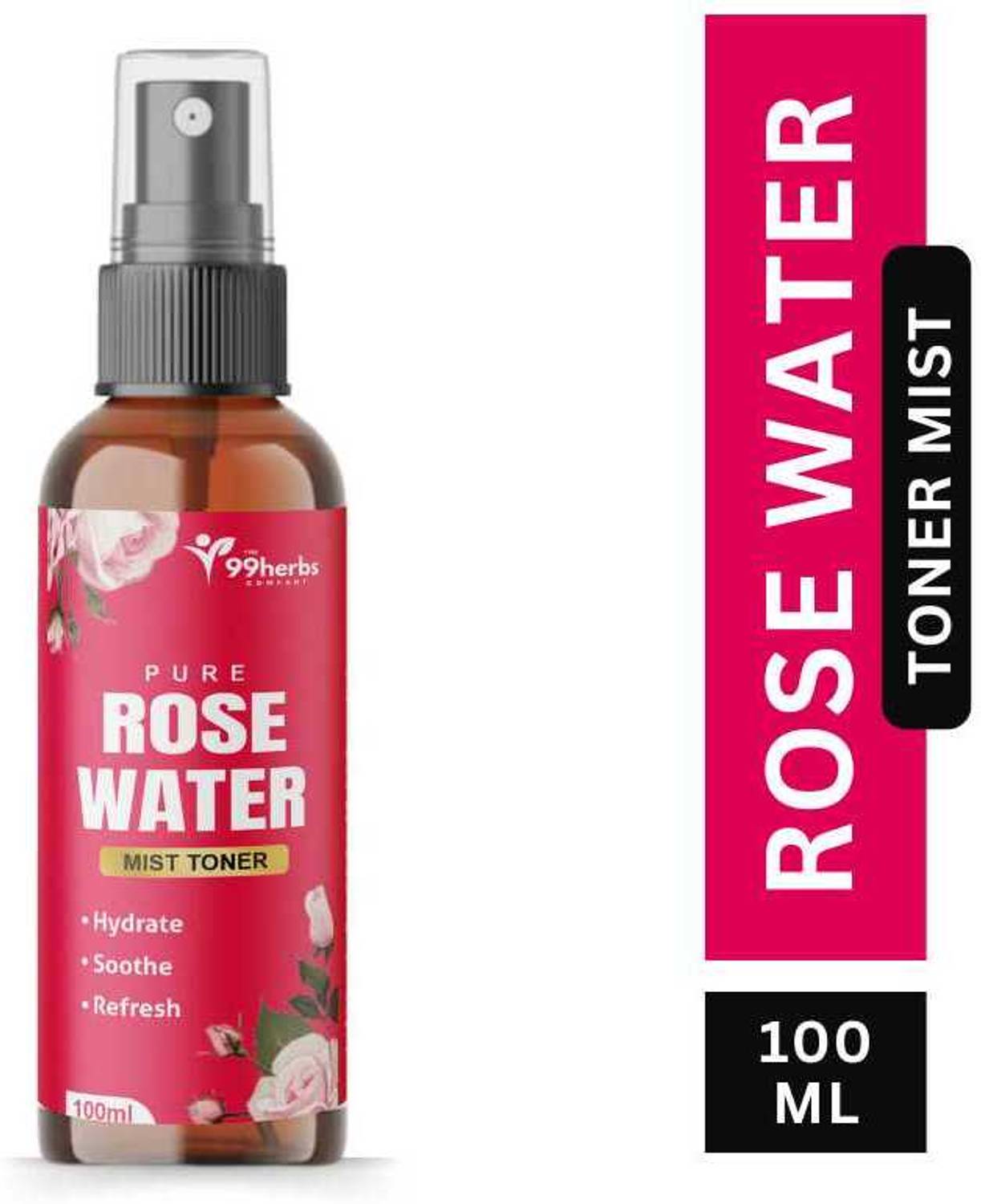 The 99 Herbs Company Pure Rose Water Mist Toner 100ml | Natural Skin Hydrating & Refreshing Spray Men & Women