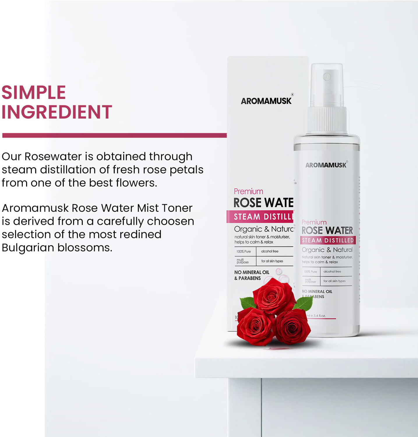 Image of aromamusk 100% Organic & Natural Premium Rose Water For Face & Skin (No Alcohol, Chemical & Paraben Free ) Pack Of 2 Men & Women