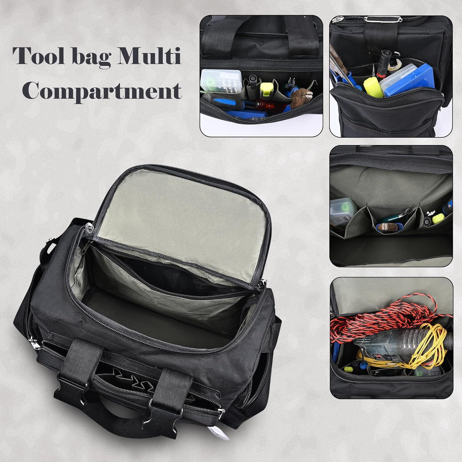 Image of Worldstar Tool Bag, Professional Electrician Storage Bag, 24x48x21 cm, Black, Heavy Duty Polyester Tool Bag