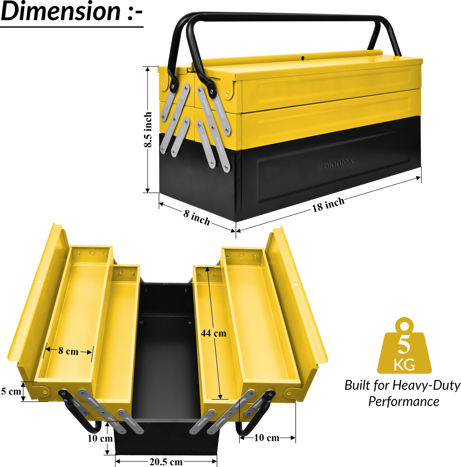 Image of Plantex High Grade Metal Tool Box for Tools /Tool Kit Box for Home and Garage /Tool Box Without Tools-5 Compartment(Yellow & Black) Powder Coated Tool Box