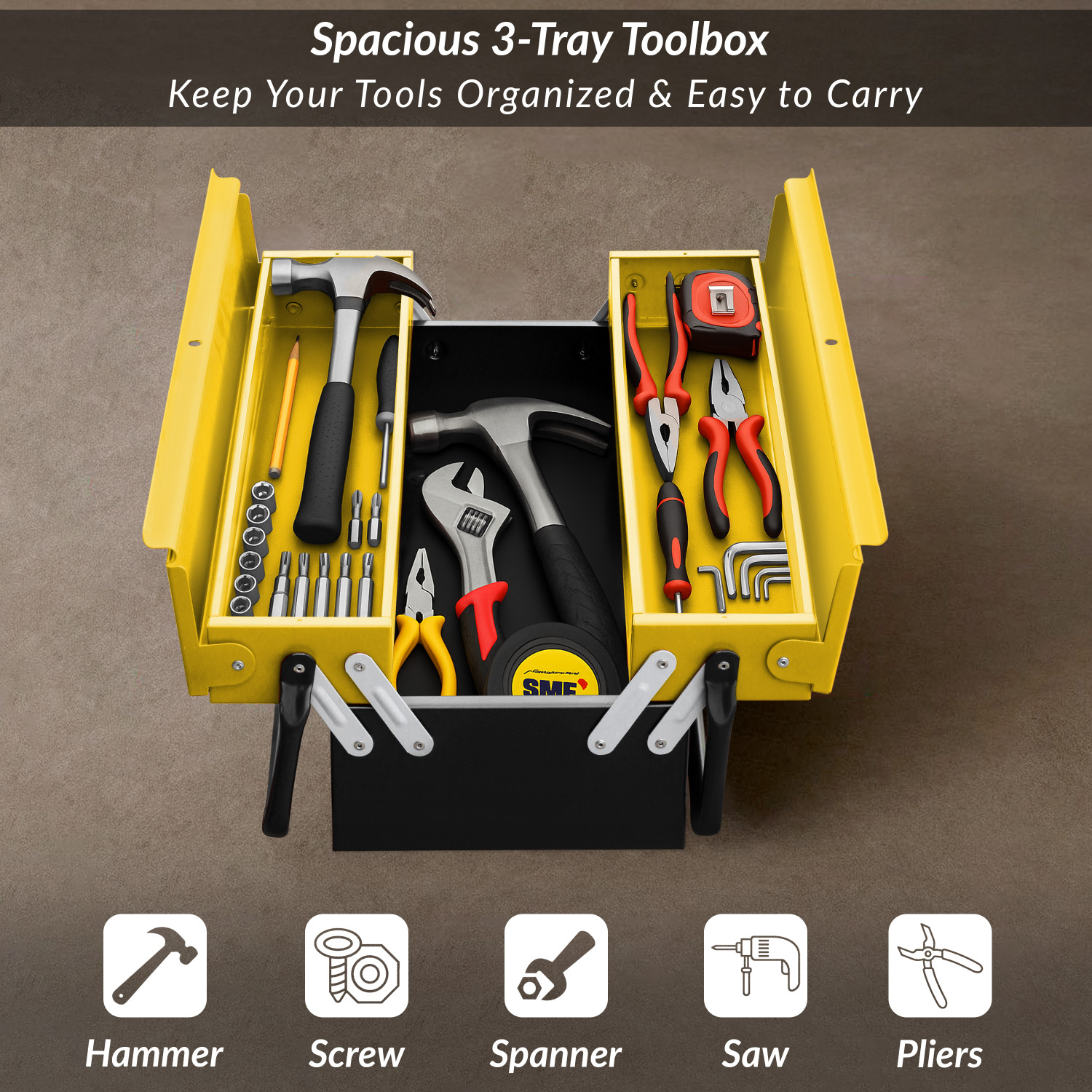 Image of Plantex Metal Tool Box for Tools /Tool Kit Box for Home and Garage /Tool Box Without Tools-3 Compartment (Yellow & Black) Tool Box