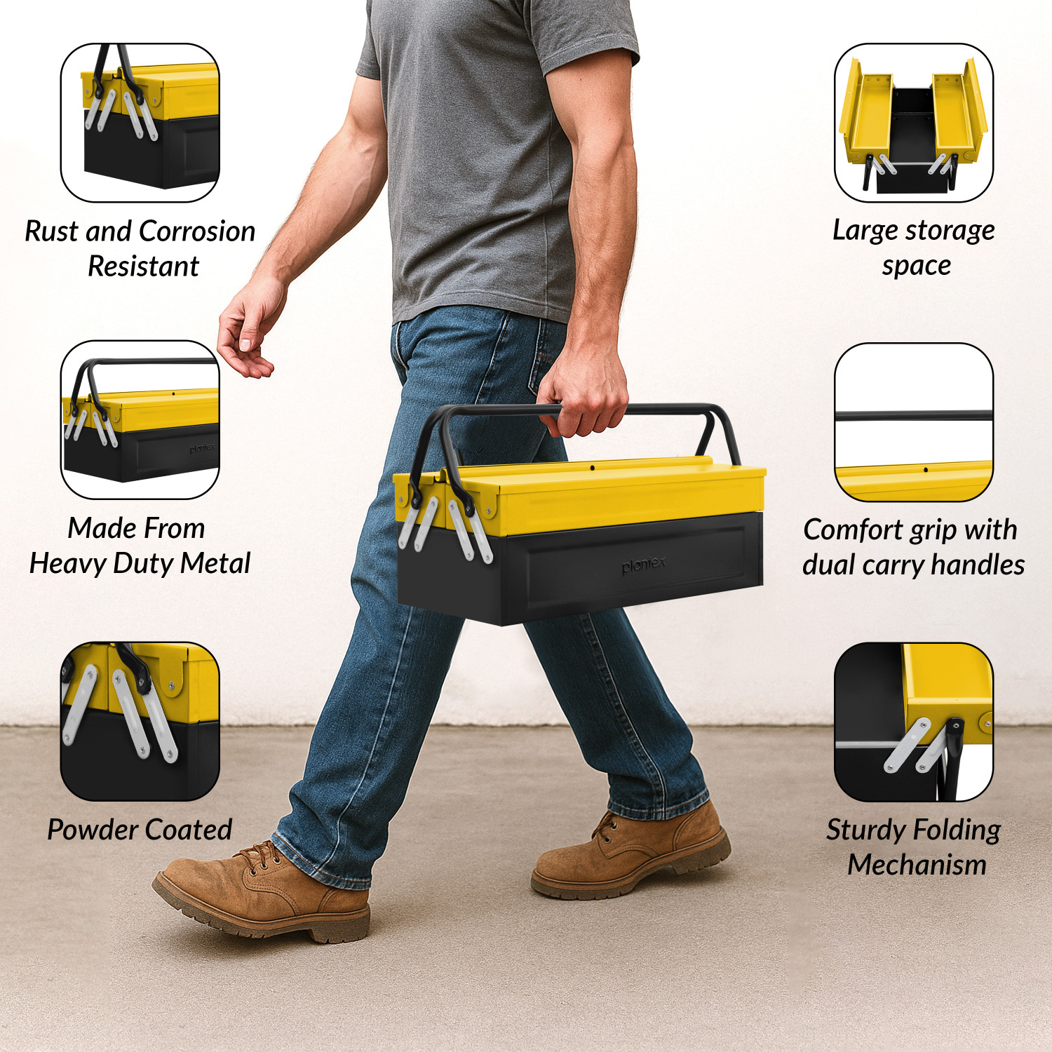 Image of Plantex Metal Tool Box for Tools /Tool Kit Box for Home and Garage /Tool Box Without Tools-3 Compartment (Yellow & Black) Tool Box
