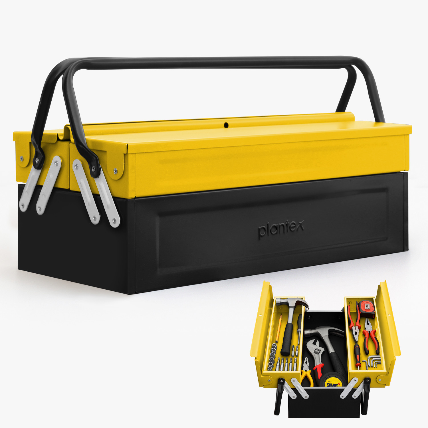 Image of Plantex Metal Tool Box for Tools /Tool Kit Box for Home and Garage /Tool Box Without Tools-3 Compartment (Yellow & Black) Tool Box