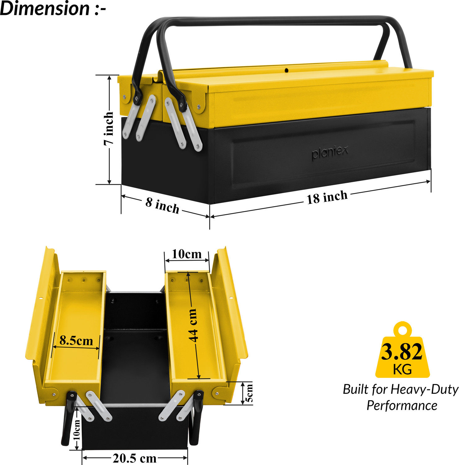 Image of Plantex Metal Tool Box for Tools /Tool Kit Box for Home and Garage /Tool Box Without Tools-3 Compartment (Yellow & Black) Tool Box