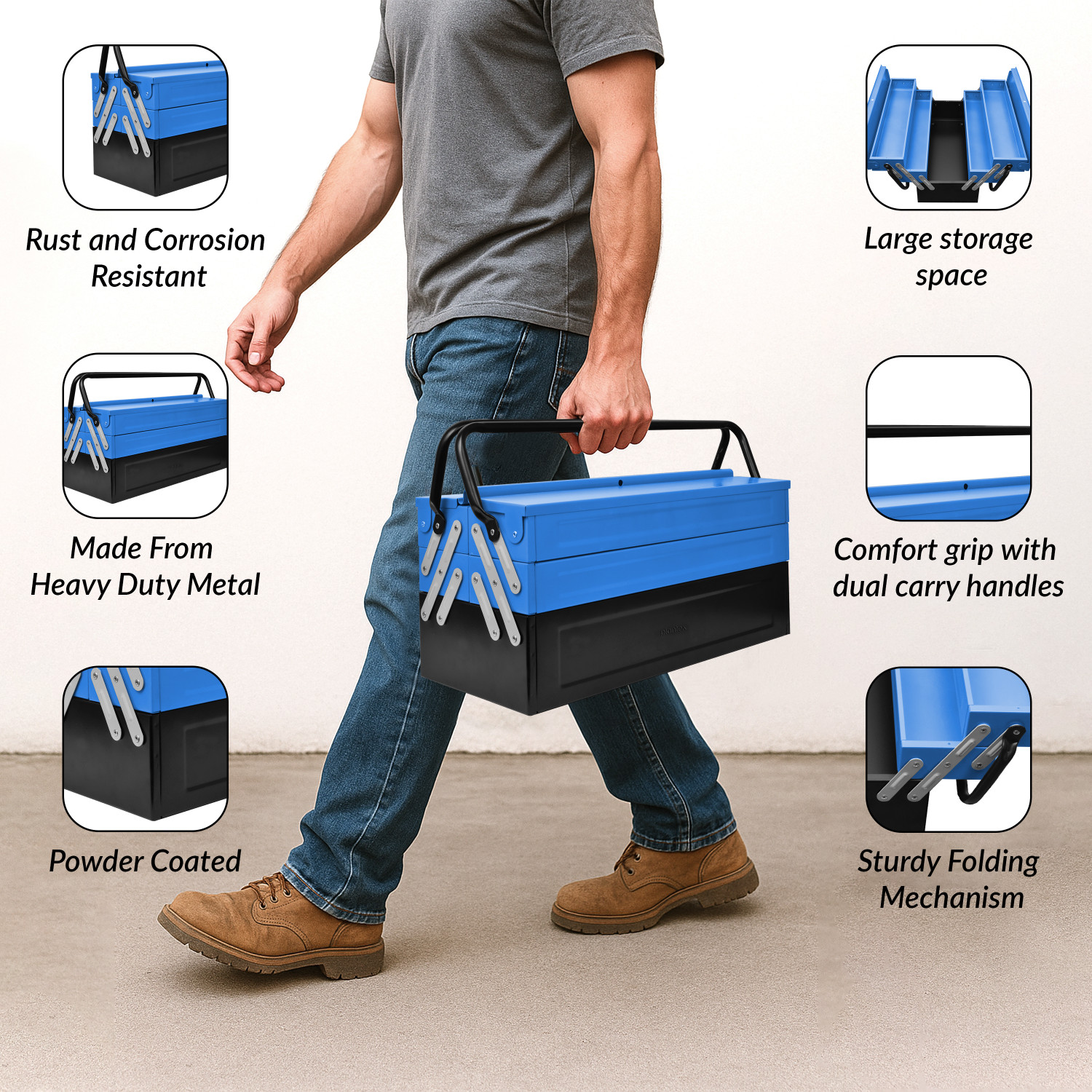 Image of Plantex Metal Tool Kit Box for Tools for Home and Garage Without Tools - 5 Compartment Tool Organizer /Tool Box Empty /Tool Box for Home Use - Tool Box