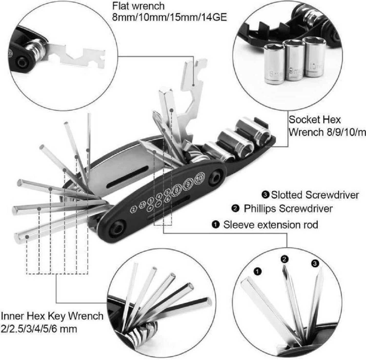Image of Quickfit Multi-Functional 16 in 1 Bicycle,Bike Hex Spoke Wrench, Portable Mountain Cycling Kit, Bike & Cycle Tool Kit