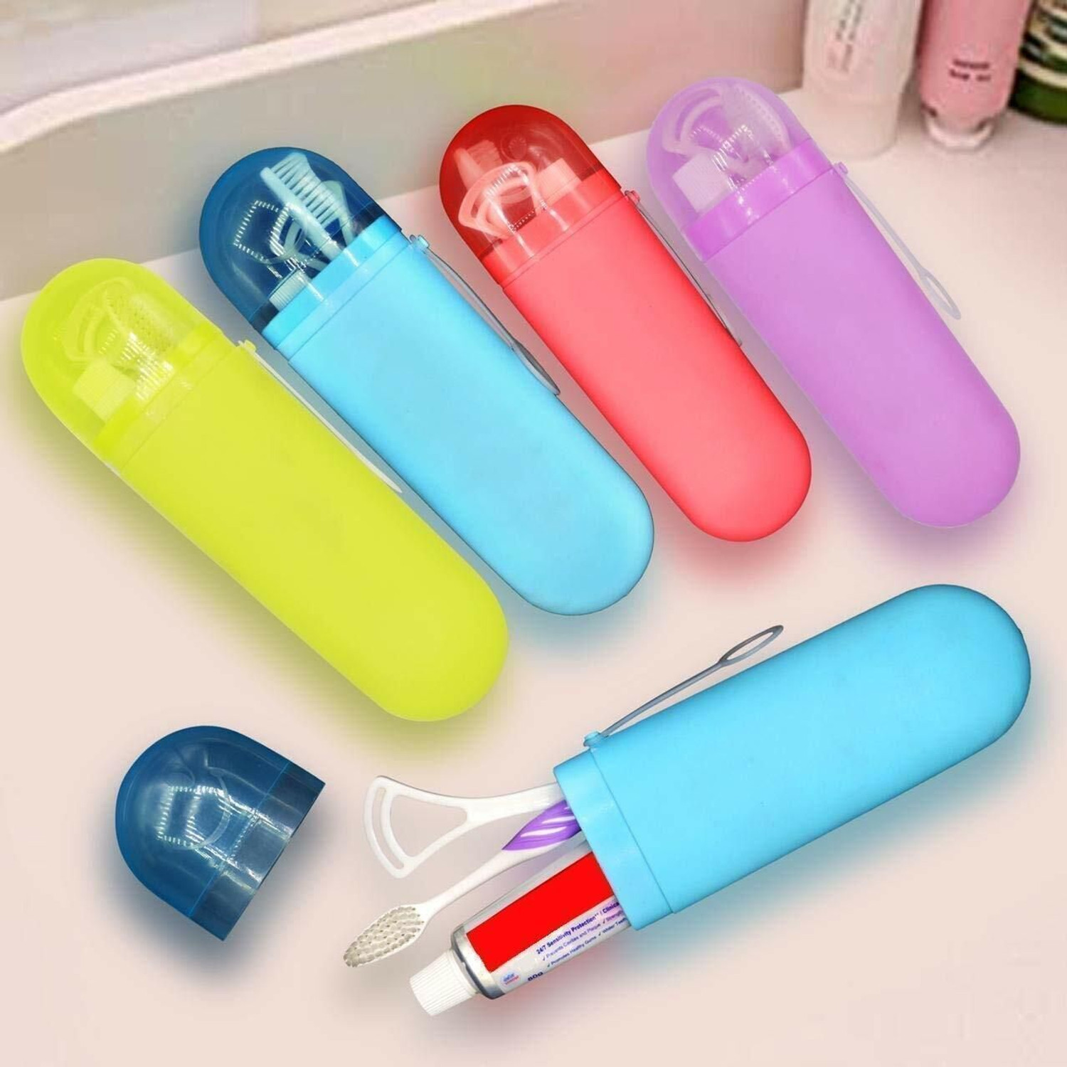 Image of V Creation Anti Bacterial Oval Shape Capsule Portable Travel Toothbrush Storage Case Container Outdoor Toothpaste Holder Bottle Pen Pencil Stationery Box Cosmetic Storage Box (Multicolor) (2 pcs Set) Plastic Toothbrush Holder