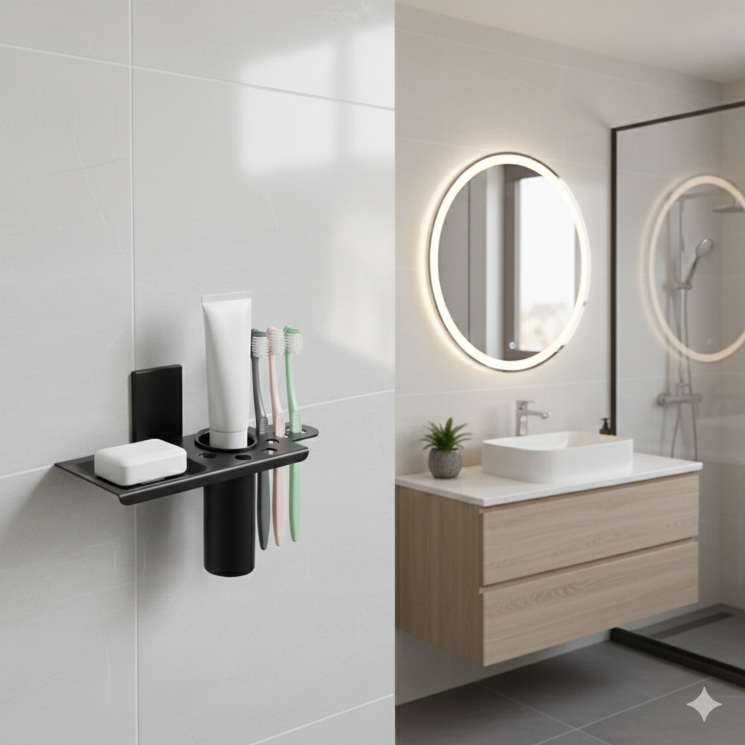 Image of MARQO Bathroom Shelf with Tumbler Holder & Soap Tray | Wall Mounted Multipurpose Iron Toothbrush Holder