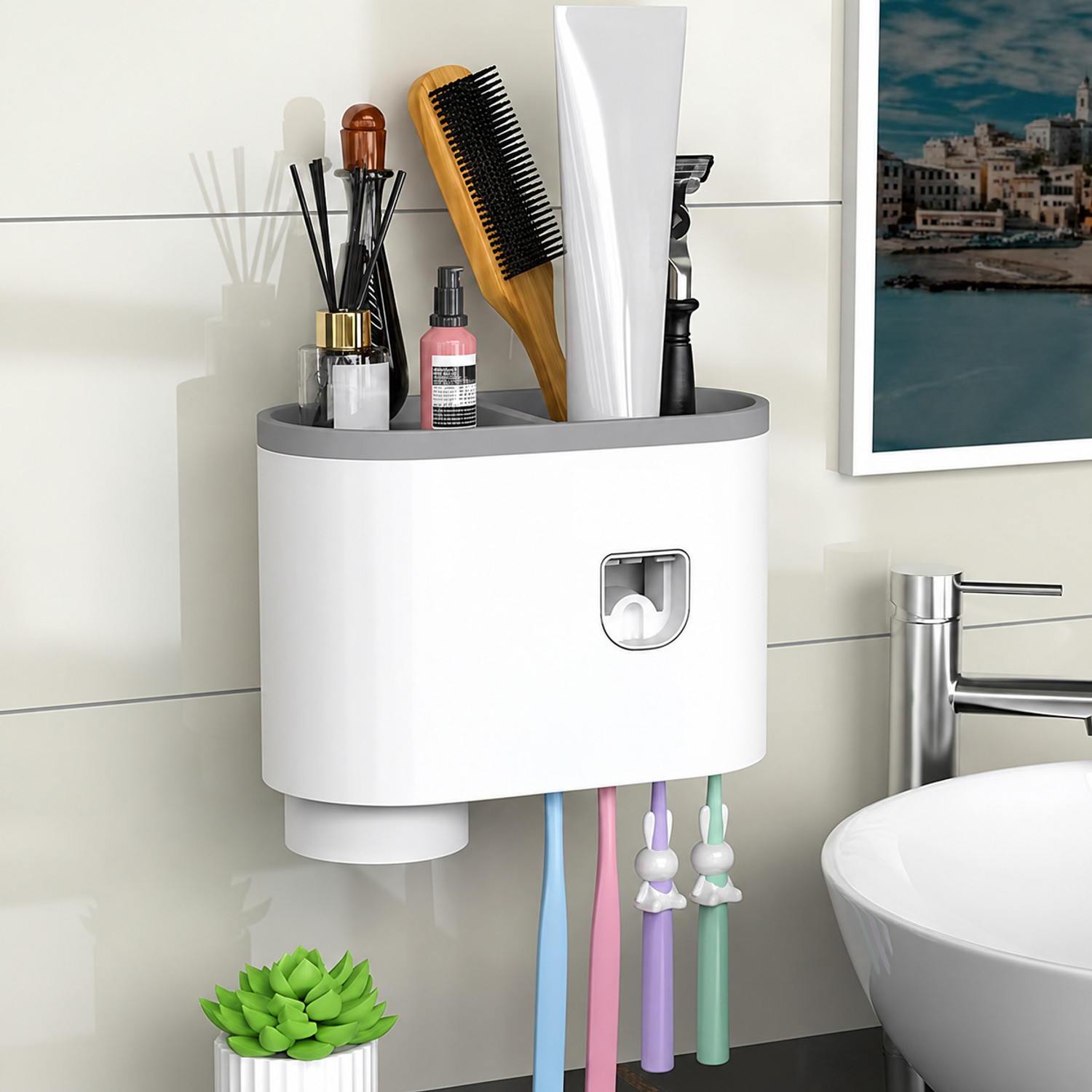 Image of ADONZ toothbrush Holder And Toothpaste Dispenser ABS material No Iron, Steel Wall Shelf