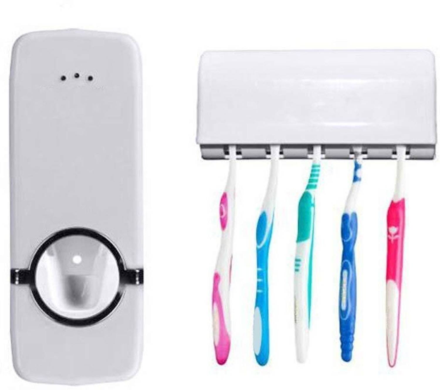 AJB Hands Free Wall Mounted Plastic Dust Proof Automatic Toothpaste Dispenser Plastic Toothbrush Holder