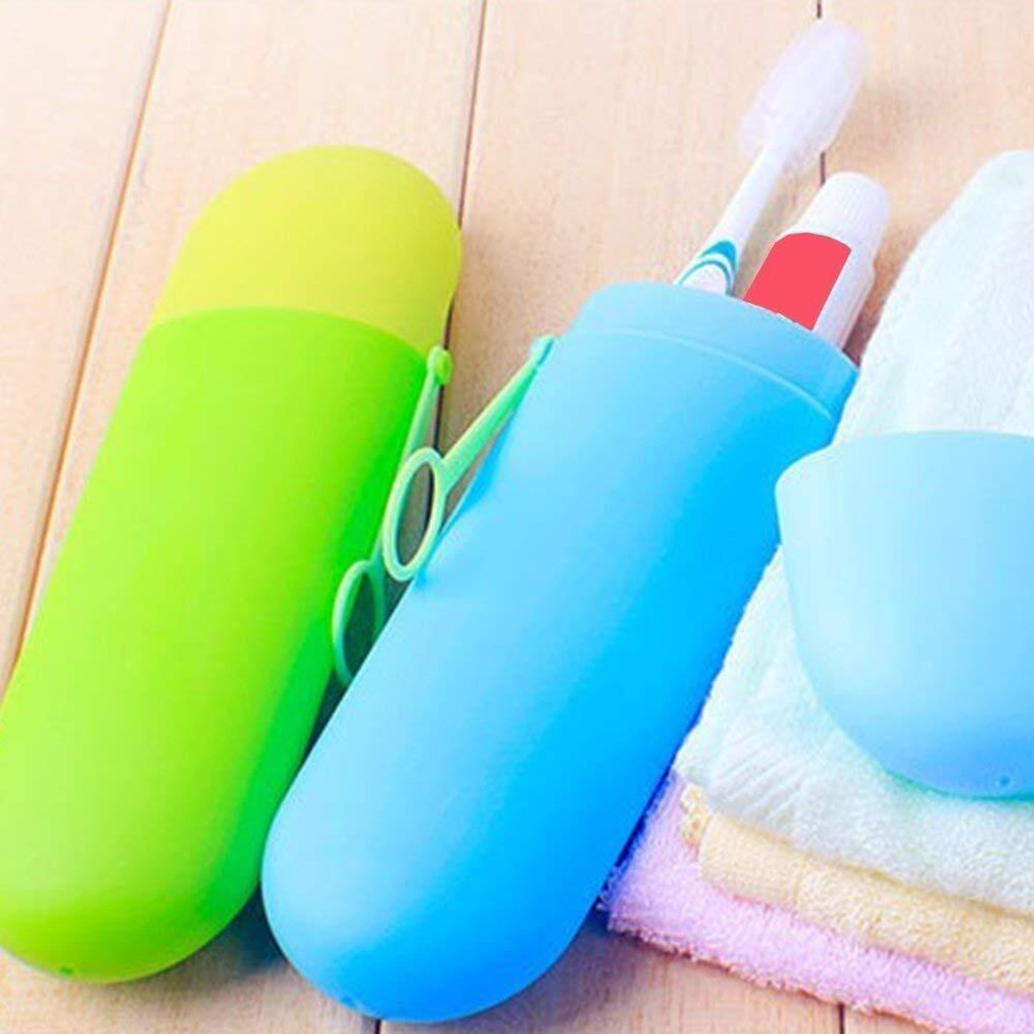 Image of V Creation Anti Bacterial Oval Shape Capsule Portable Travel Toothbrush Storage Case Container Outdoor Toothpaste Holder Bottle Pen Pencil Stationery Box Cosmetic Storage Box (Multicolor) (2 pcs Set) Plastic Toothbrush Holder