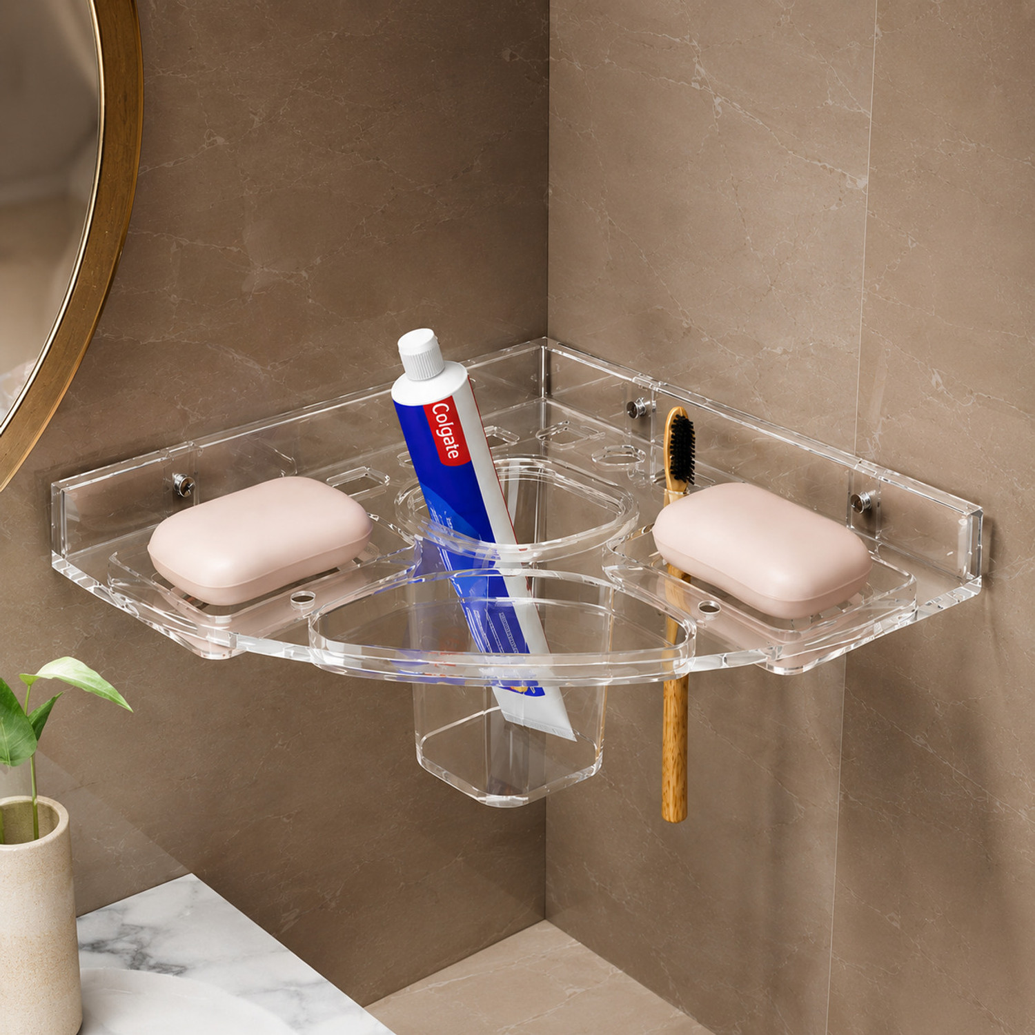 Image of Citrine Wall Mounted Toothbrush Holder & Soap Stand | Multipurpose Bathroom Storage Rack Acrylic Toothbrush Holder