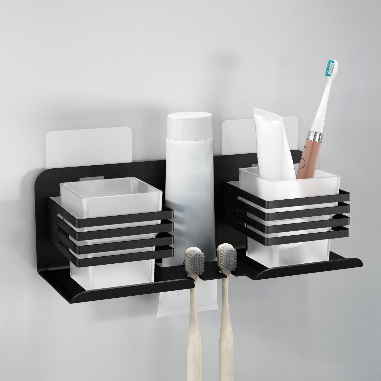 Image of Plantex Double Tumbler Holder /Toothbrush Stand for Bathroom /Toothpaste Holder Stainless Steel Toothbrush Holder (Black, Wall Mount)