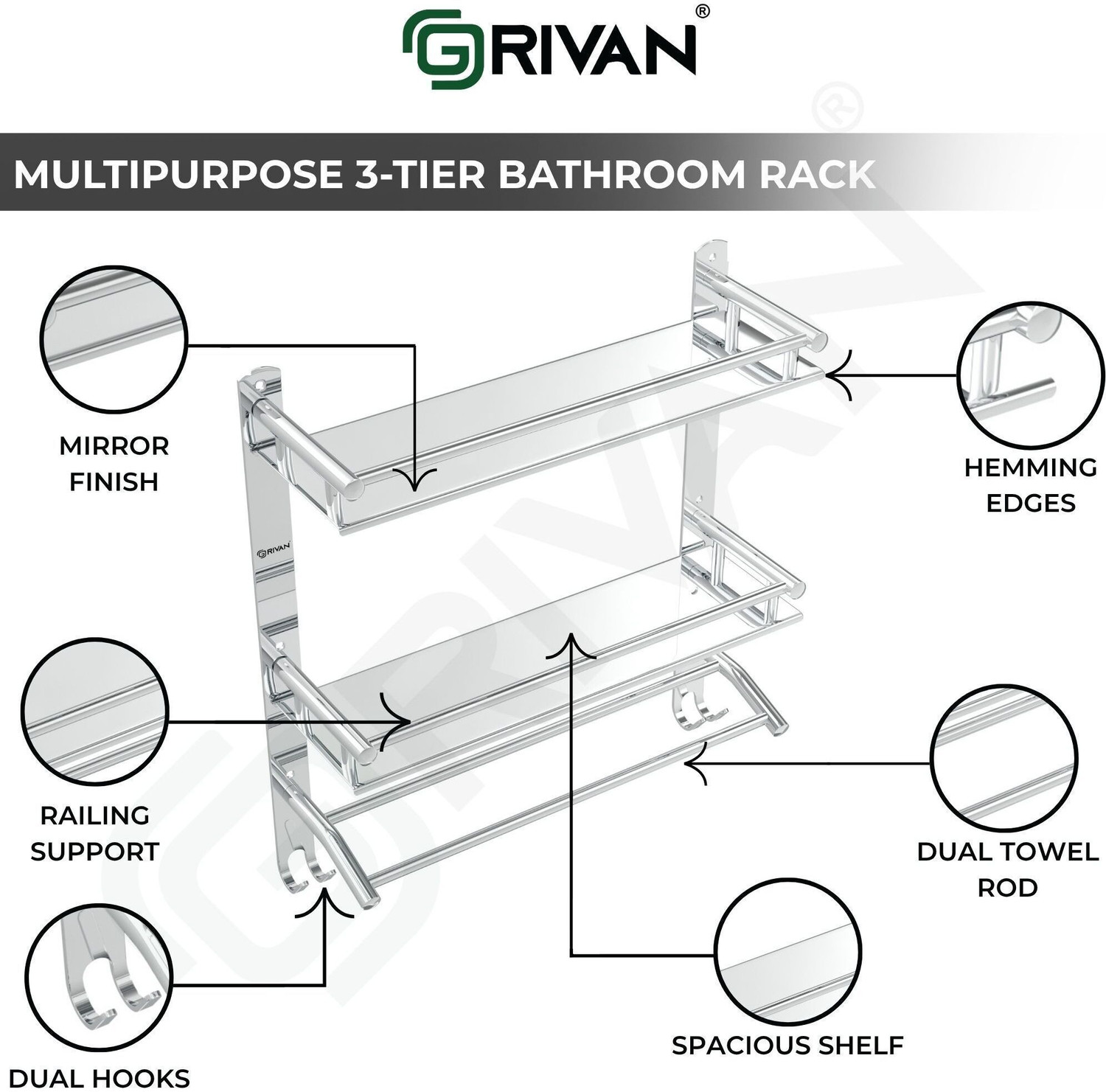 Image of GRIVAN Multipurpose Bathroom Shelf with Towel Rod | Wall Mounted Storage Rack With Hook Stainless Steel Toothbrush Holder