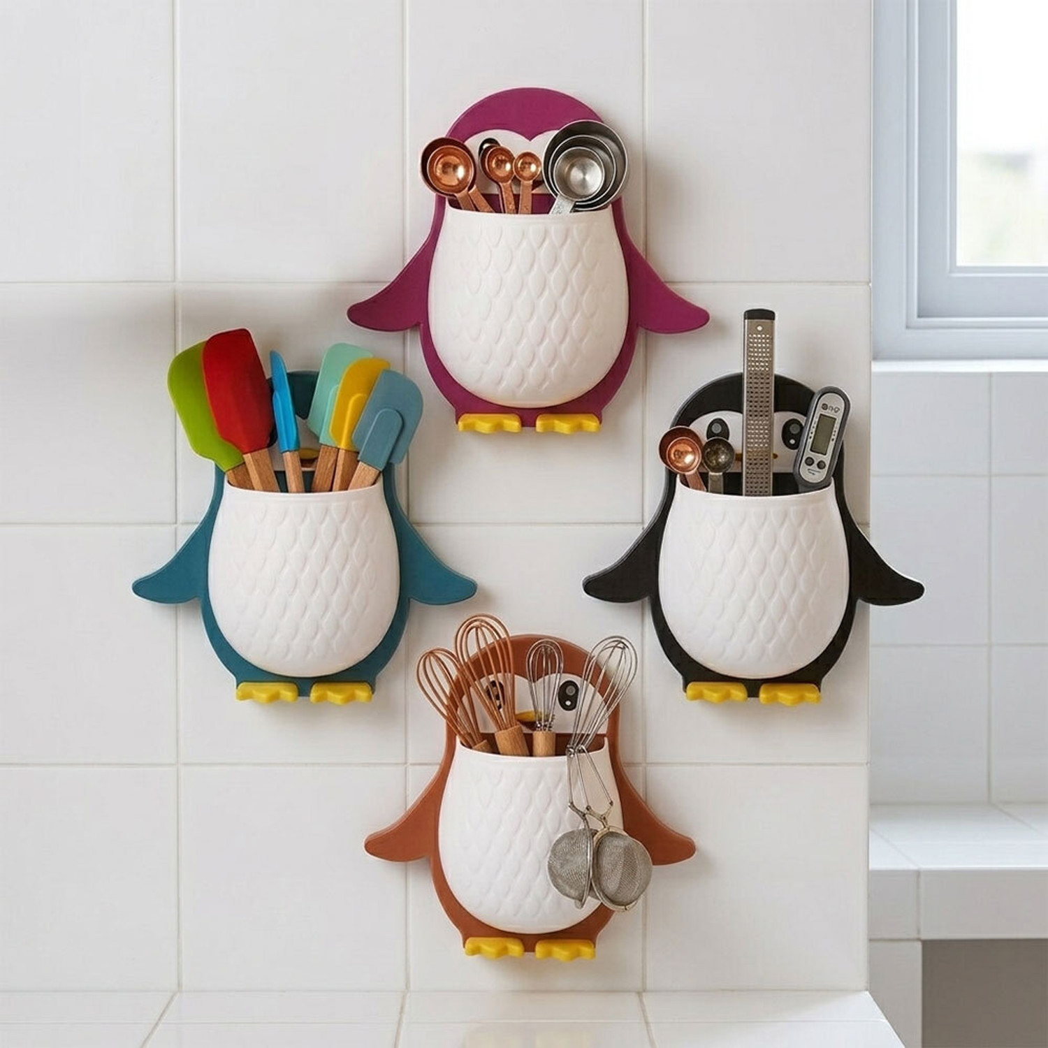 Image of LAYON Pack of 4 Penguin Toothbrush Holder /Storage Organizer in Matte Finish Plastic Toothbrush Holder