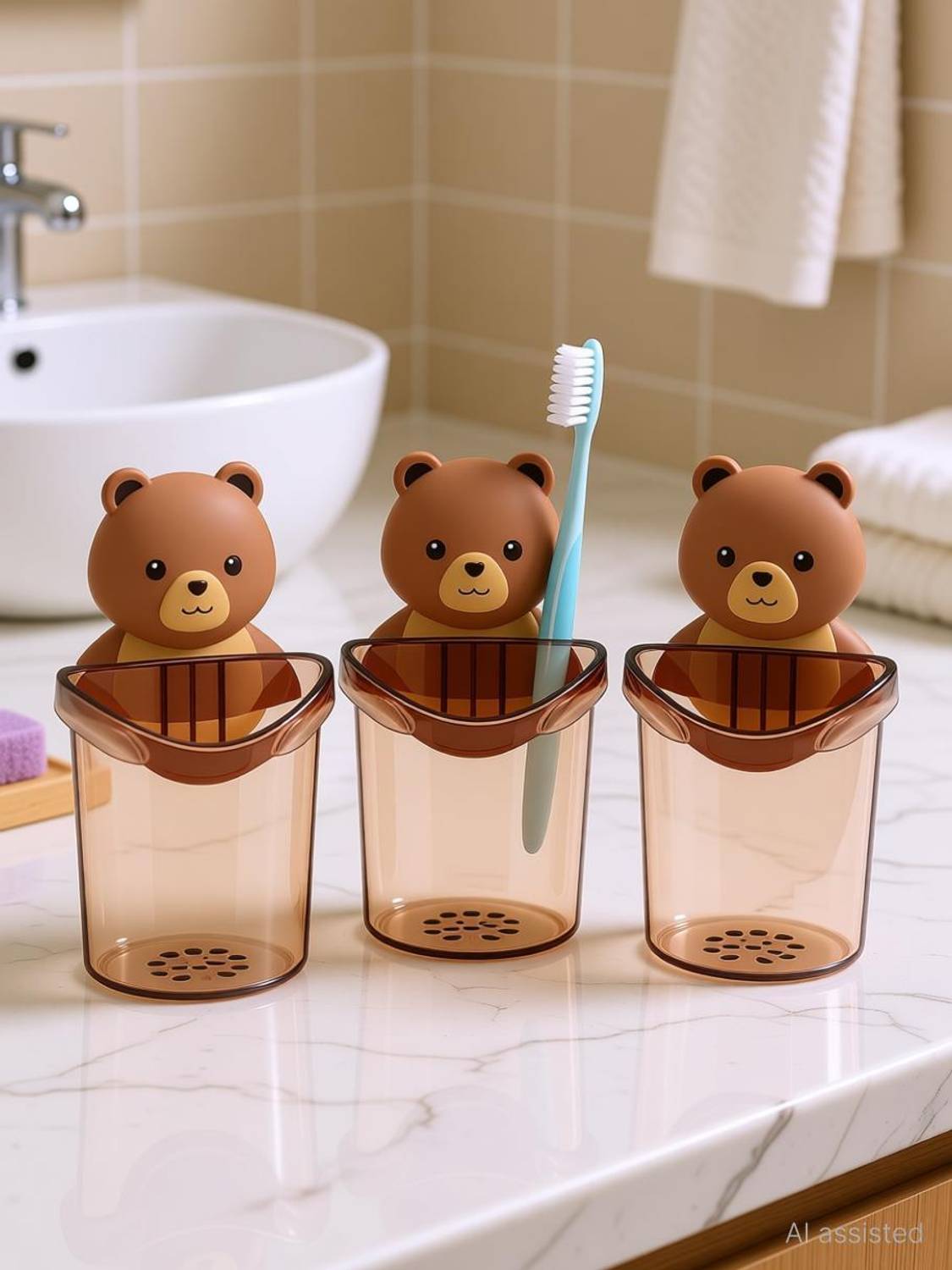 ALICIA Toothbrush Holder Wall-Mounted, Cute Bear Storage Cup, Plastic Toothpaste Rack Plastic Toothbrush Holder