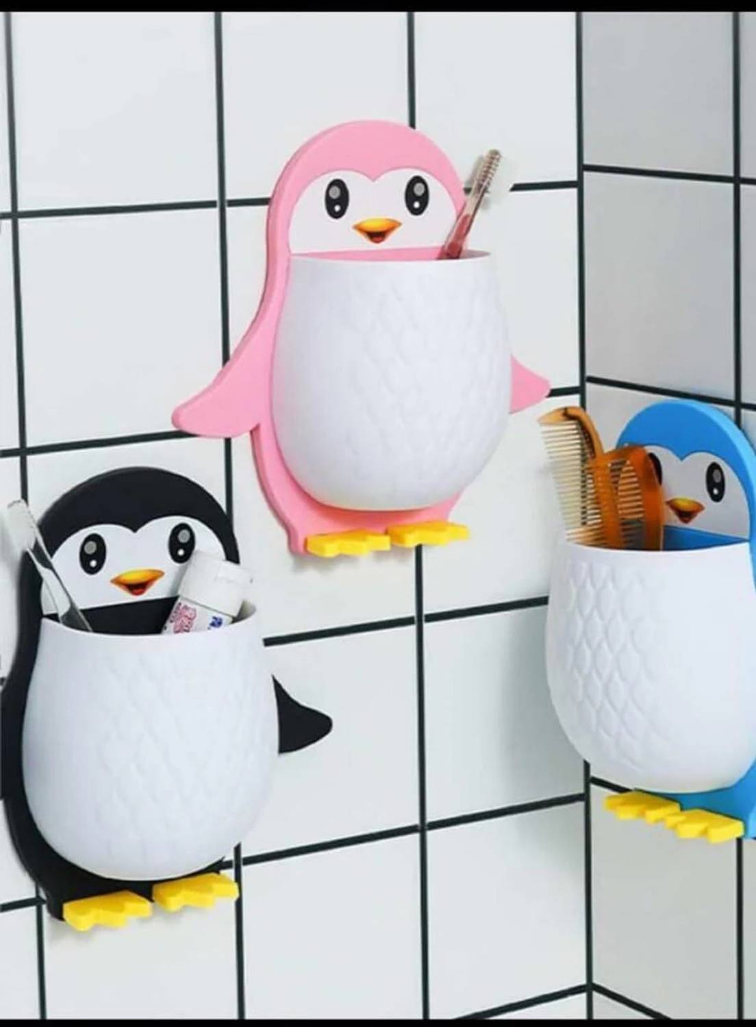 Bowoze (Pack of 3) Penguin Toothbrush Holder/Brush Stand/Pen Holder/Kitchen/Bedroom Plastic Toothbrush Holder