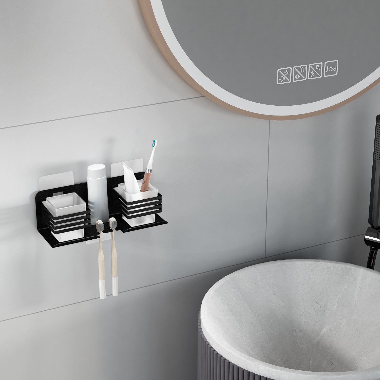 Image of Plantex Double Tumbler Holder /Toothbrush Stand for Bathroom /Toothpaste Holder Stainless Steel Toothbrush Holder (Black, Wall Mount)