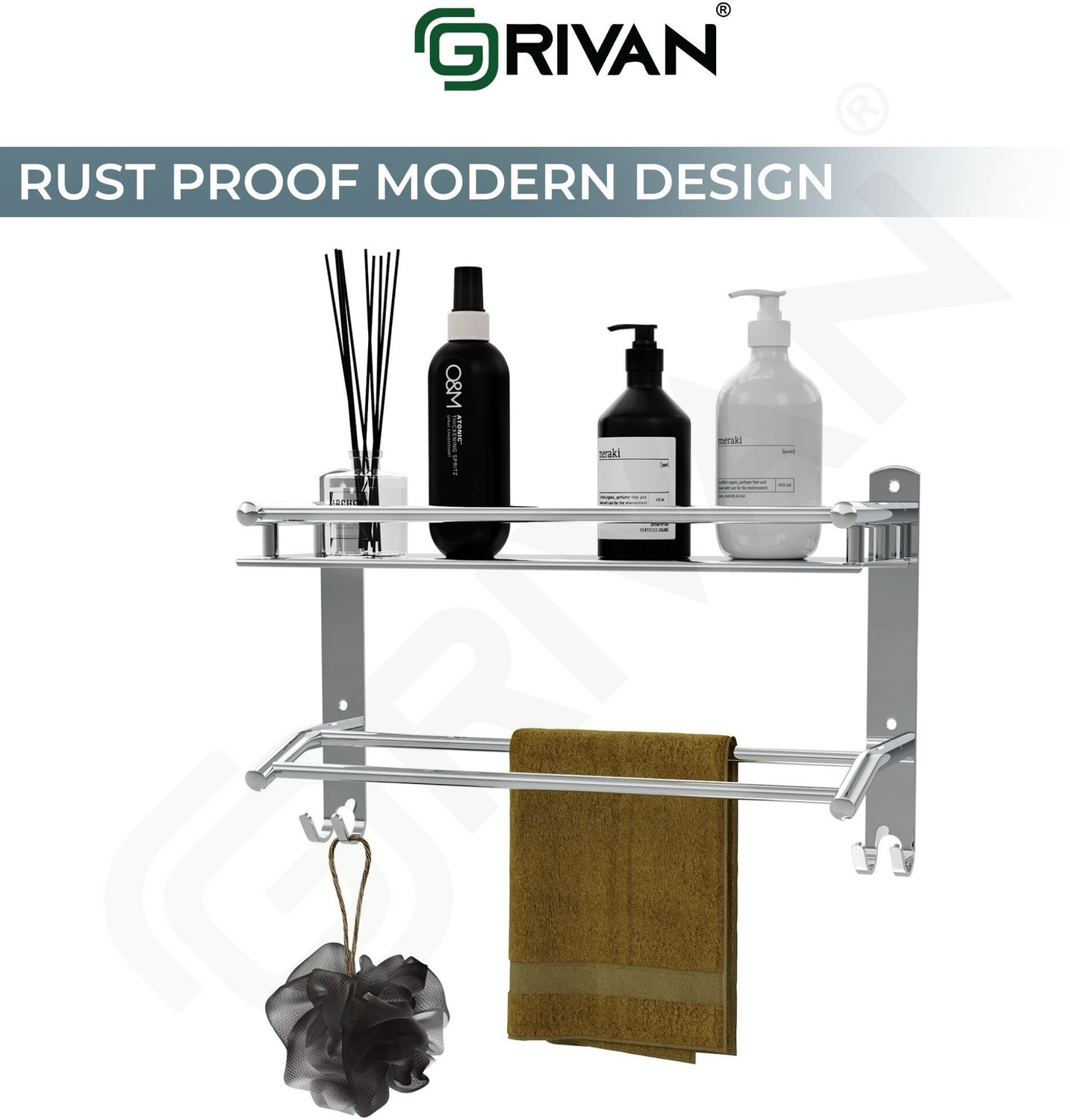 Image of GRIVAN Multipurpose Bathroom Shelf with Towel Rod | Wall Mounted Storage Rack With Hook Stainless Steel Toothbrush Holder