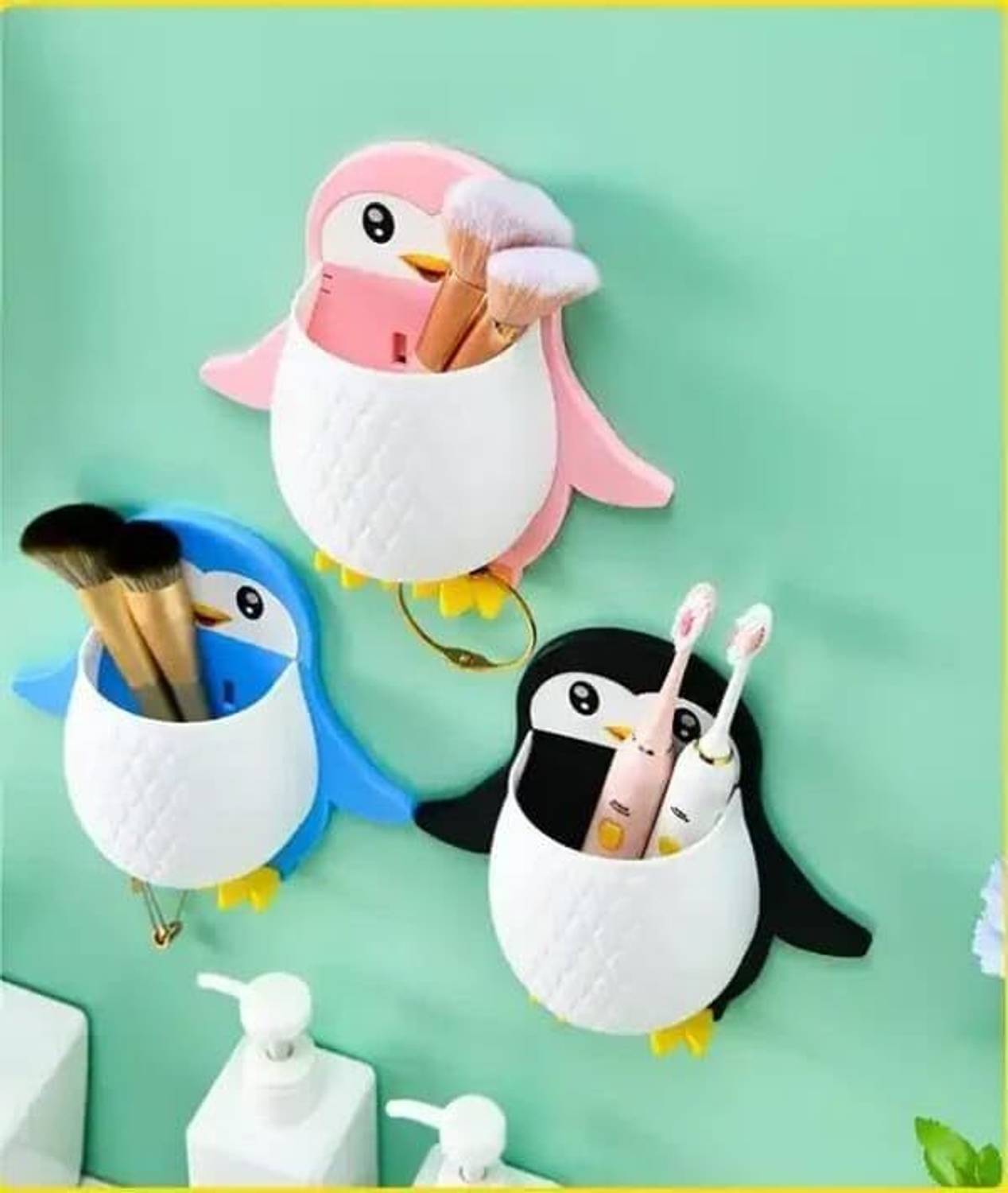 ARANKA Wall Mounted Self Adhesive Penguin Toothpaste Toothbrush Holder Stand Pack OF 3 Plastic Toothbrush Holder