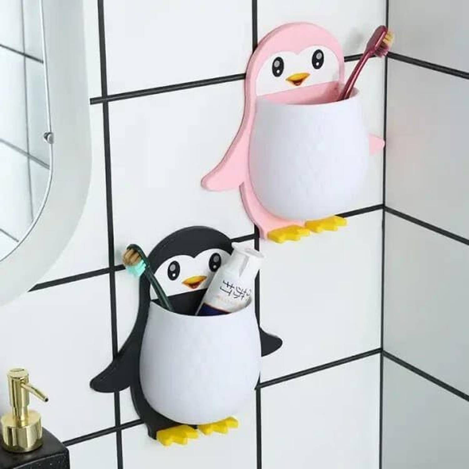 ARANKA Wall Mounted Self Adhesive Penguin Toothpaste Toothbrush Holder Stand Pack OF 2 Plastic Toothbrush Holder