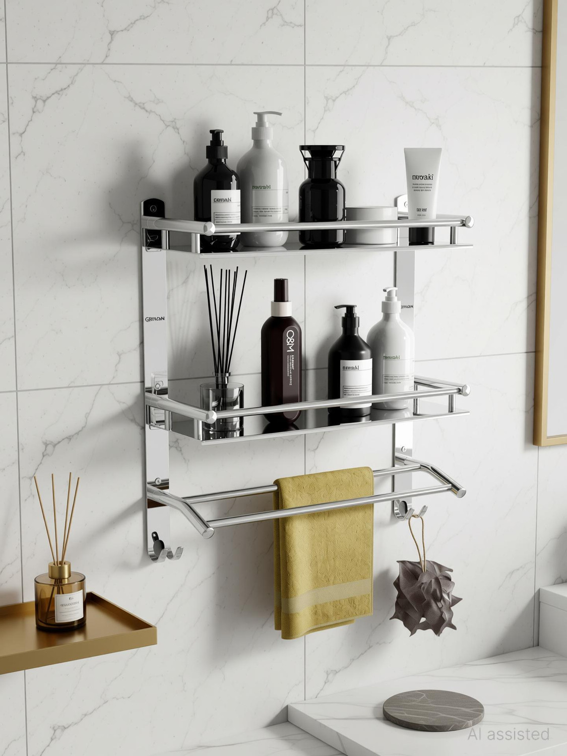 Image of GRIVAN Multipurpose Bathroom Shelf with Towel Rod | Wall Mounted Storage Rack With Hook Stainless Steel Toothbrush Holder