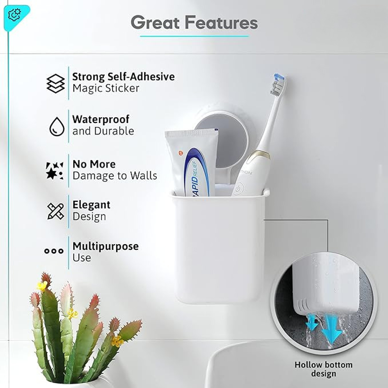 Image of Mataiva Toothbrush Holder For Bathroom, Easy Wall Mount Magic Sticker Self Adhesive Plastic Toothbrush Holder
