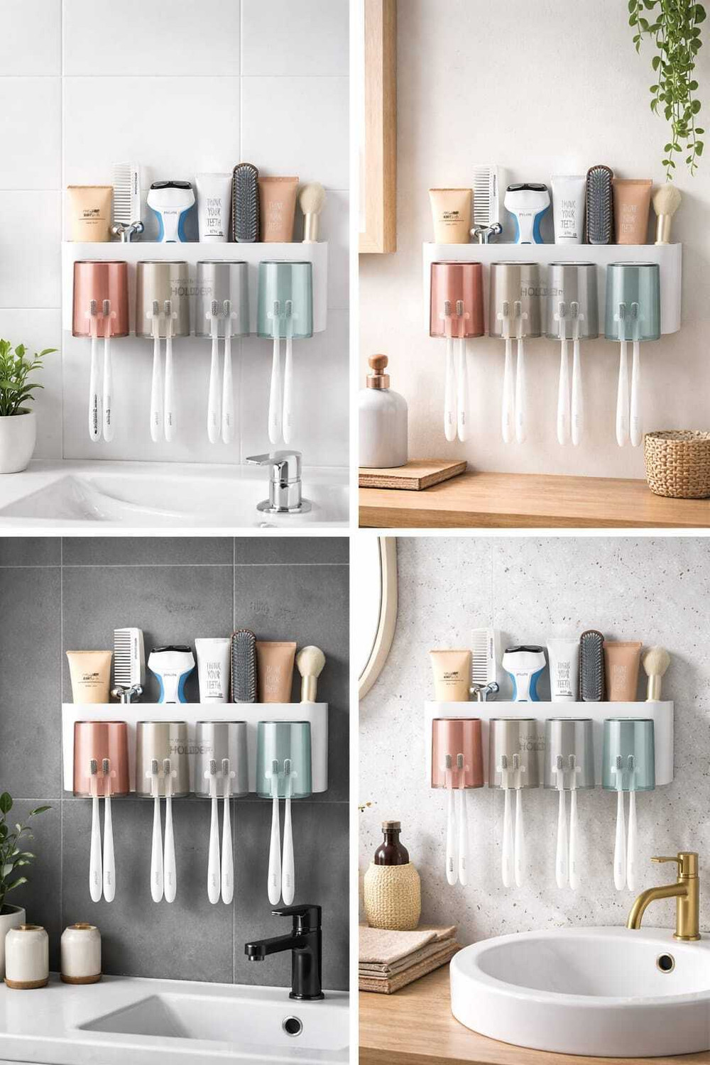 Image of FlatKitch Wall Mounted Toothbrush Holder Modern Plastic Storage Rack|Multi-Slot Organizer Plastic Toothbrush Holder