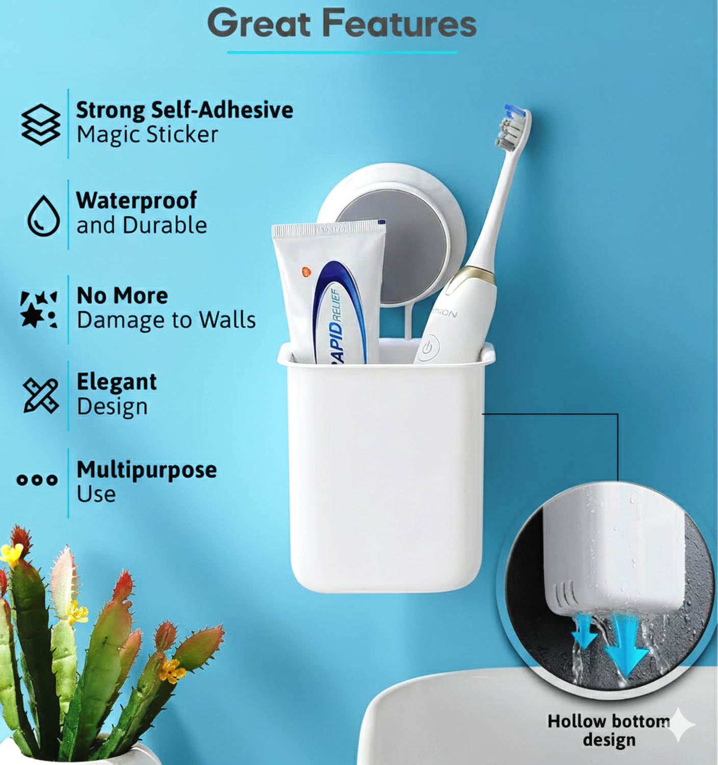 Image of Craftbin Self Adhesive Toothbrush Holder for Bathroom, Tooth brush Stand Plastic Toothbrush Holder