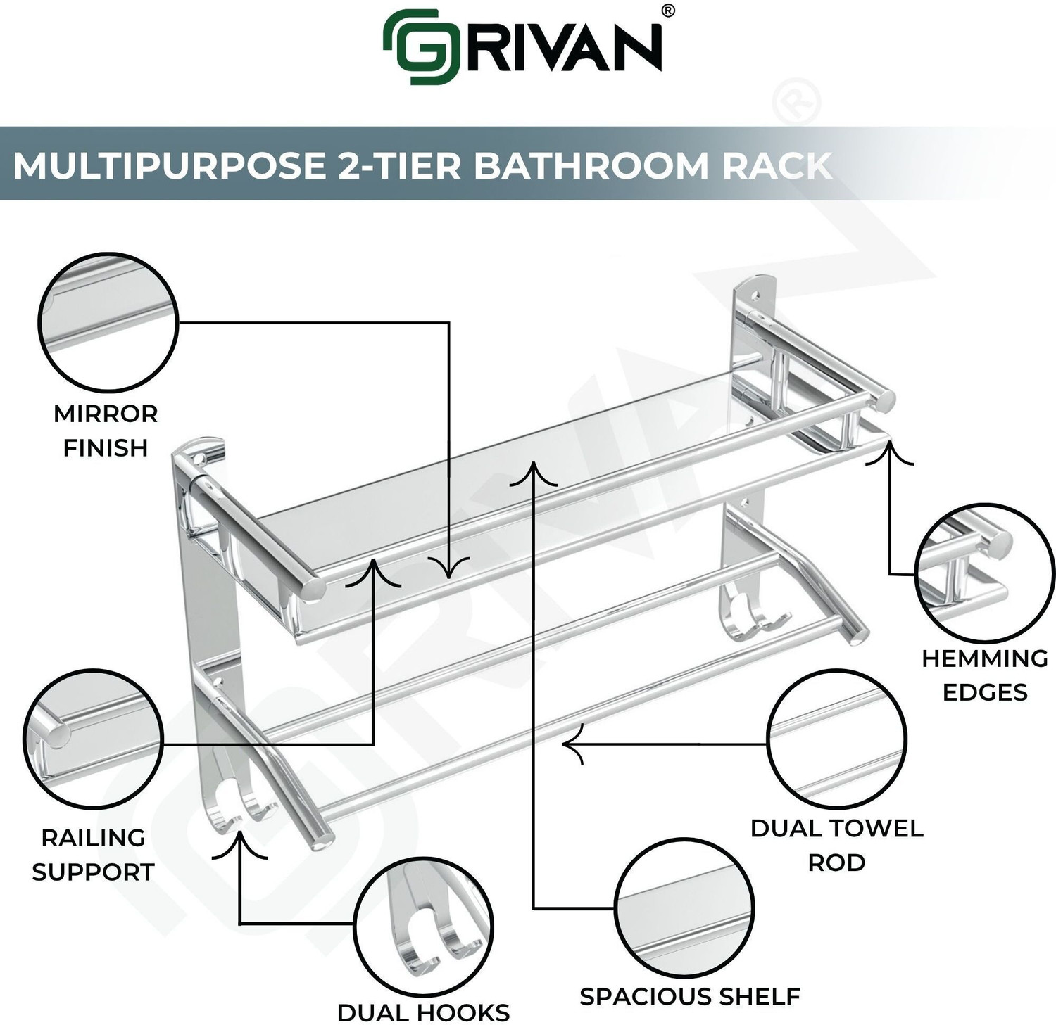 Image of GRIVAN Multipurpose Bathroom Shelf with Towel Rod | Wall Mounted Storage Rack With Hook Stainless Steel Toothbrush Holder