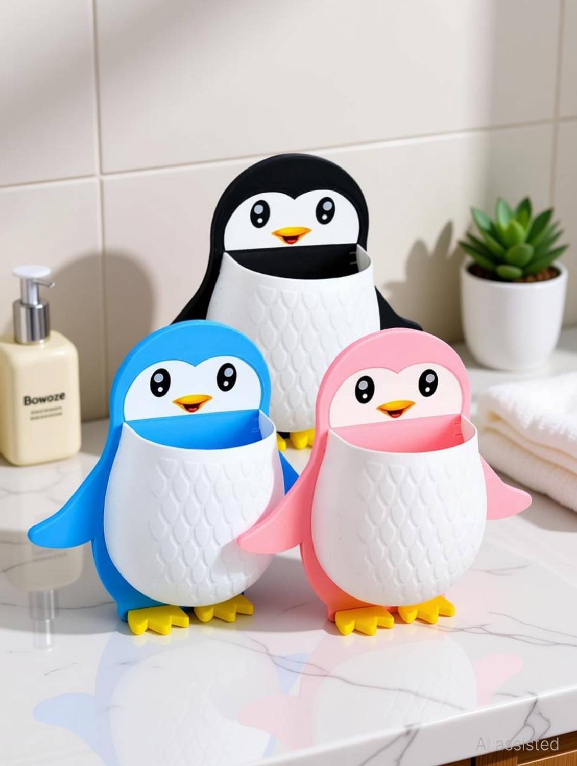 Bowoze Toothbrush Holder Storage Organizer for Bathroom Wall Mounted Penguin Shape Plastic Toothbrush Holder