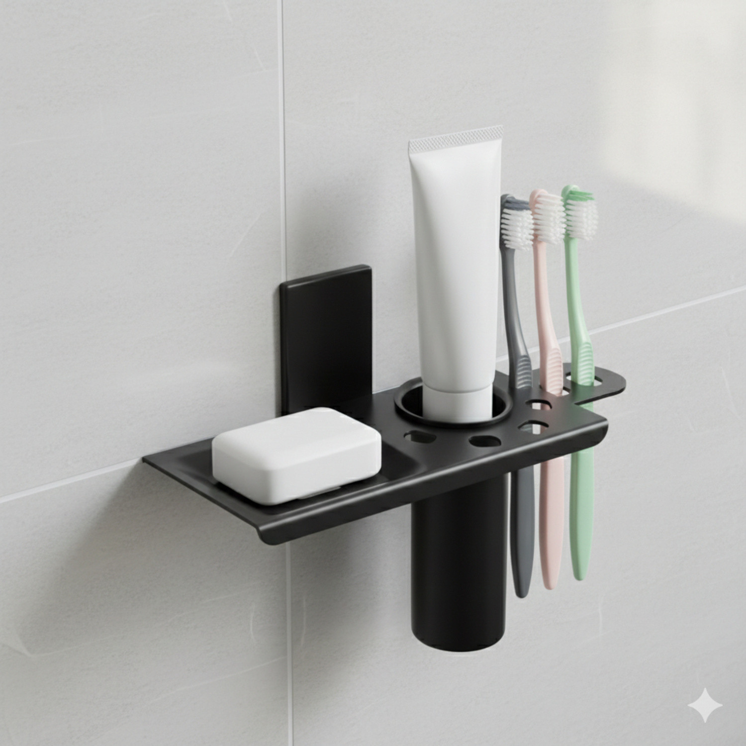 Image of MARQO Bathroom Shelf with Tumbler Holder & Soap Tray | Wall Mounted Multipurpose Iron Toothbrush Holder