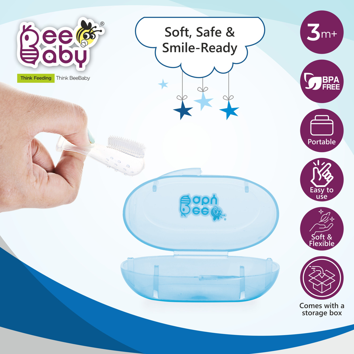 Image of Beebaby Silicone Finger Brush with Carry Case For Baby (Pack of 2) Blue Ultra Soft Toothbrush