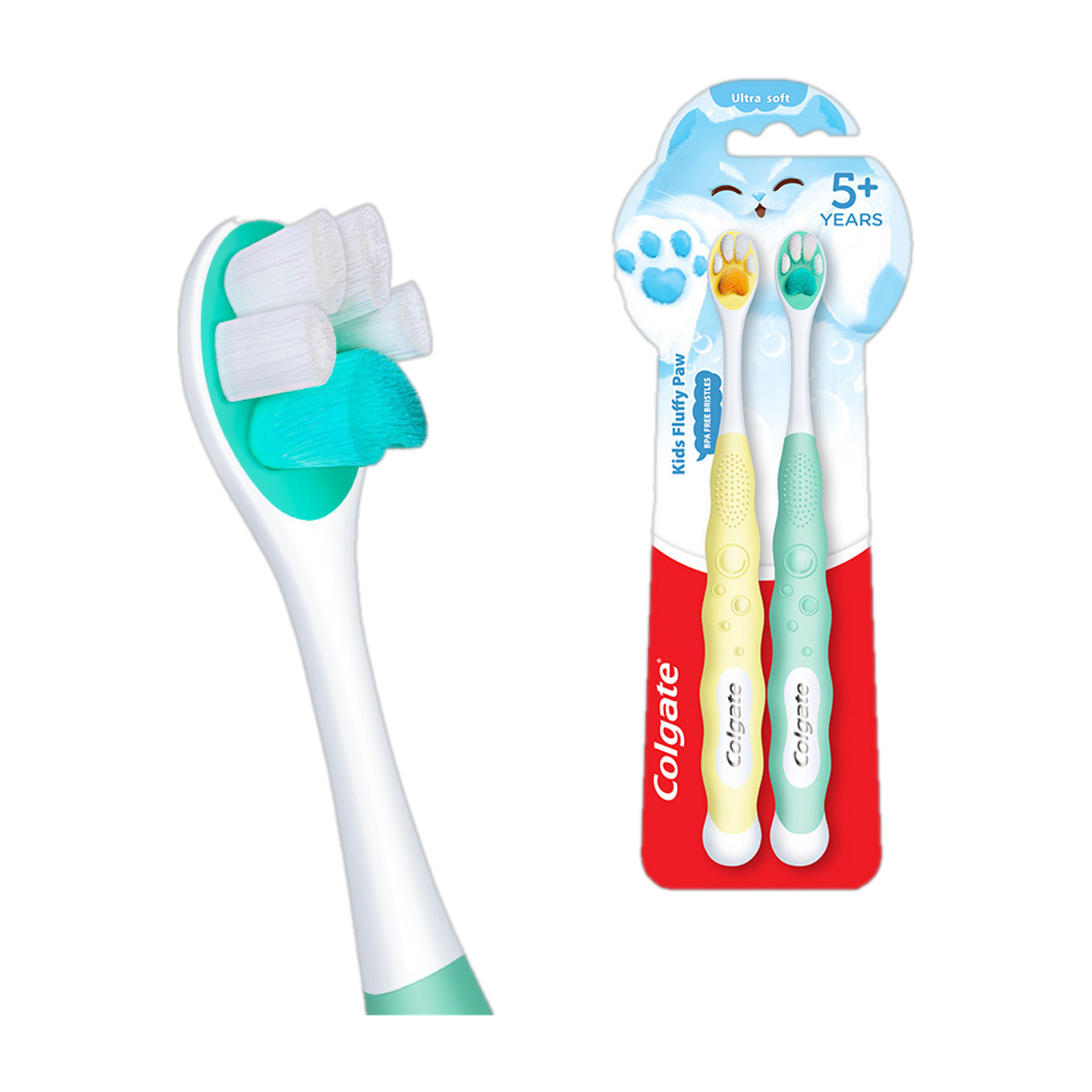 Image of Colgate Kids (5+ years) Fluffy Paw Toothbrush Ultra Soft (2 Pc) Ultra Soft Toothbrush