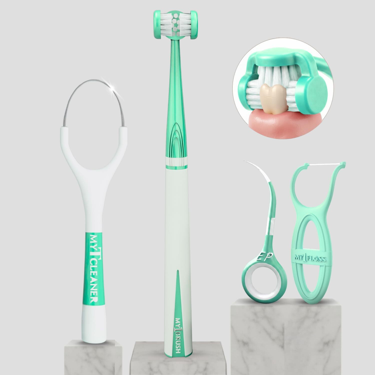 MyOrlCare Kit (3-Sided Toothbrush, Floss, Tongue Cleaner, Toothpicks) (Aqua Green) Medium Toothbrush