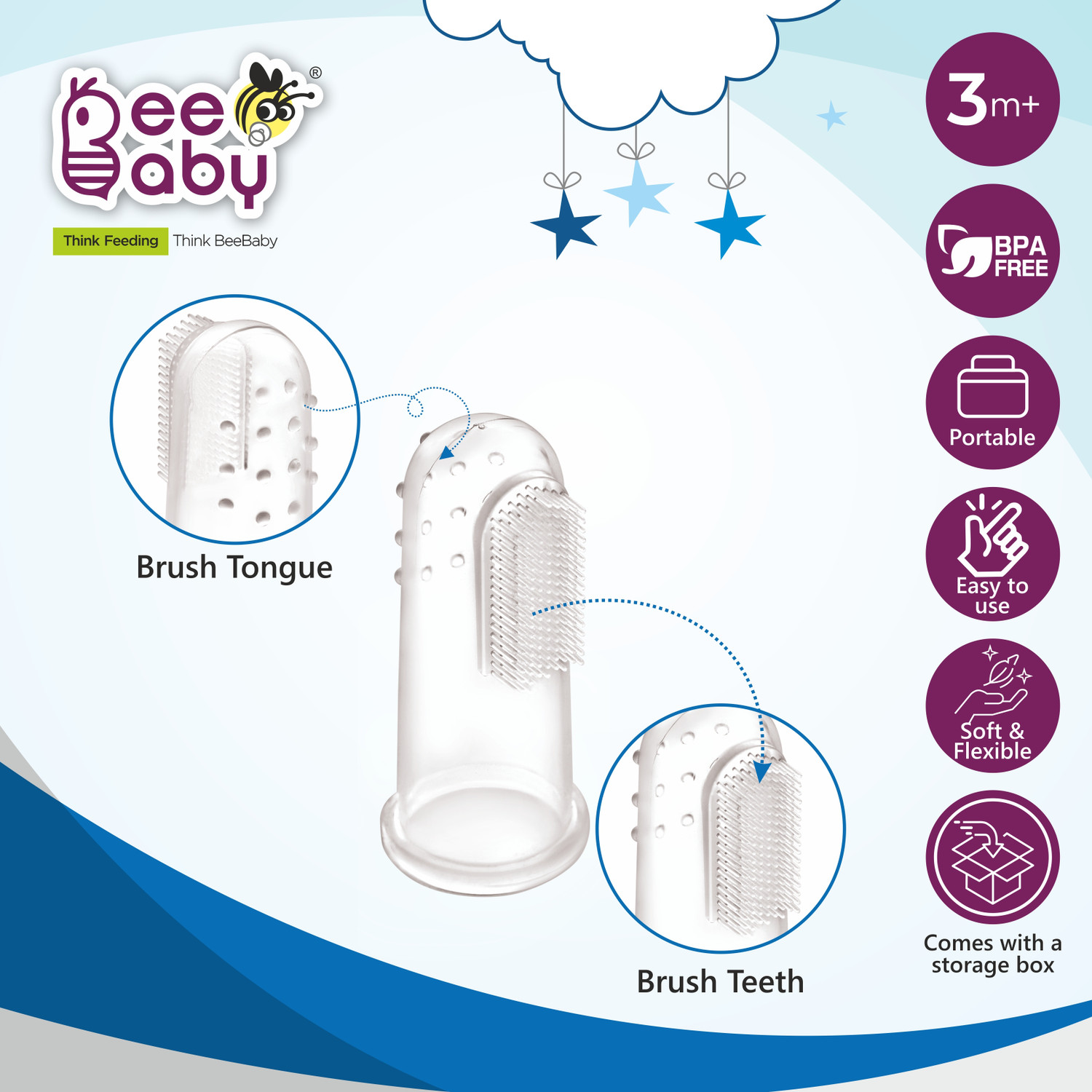 Image of Beebaby Silicone Finger Brush with Carry Case For Baby (Pack of 2) Blue Ultra Soft Toothbrush