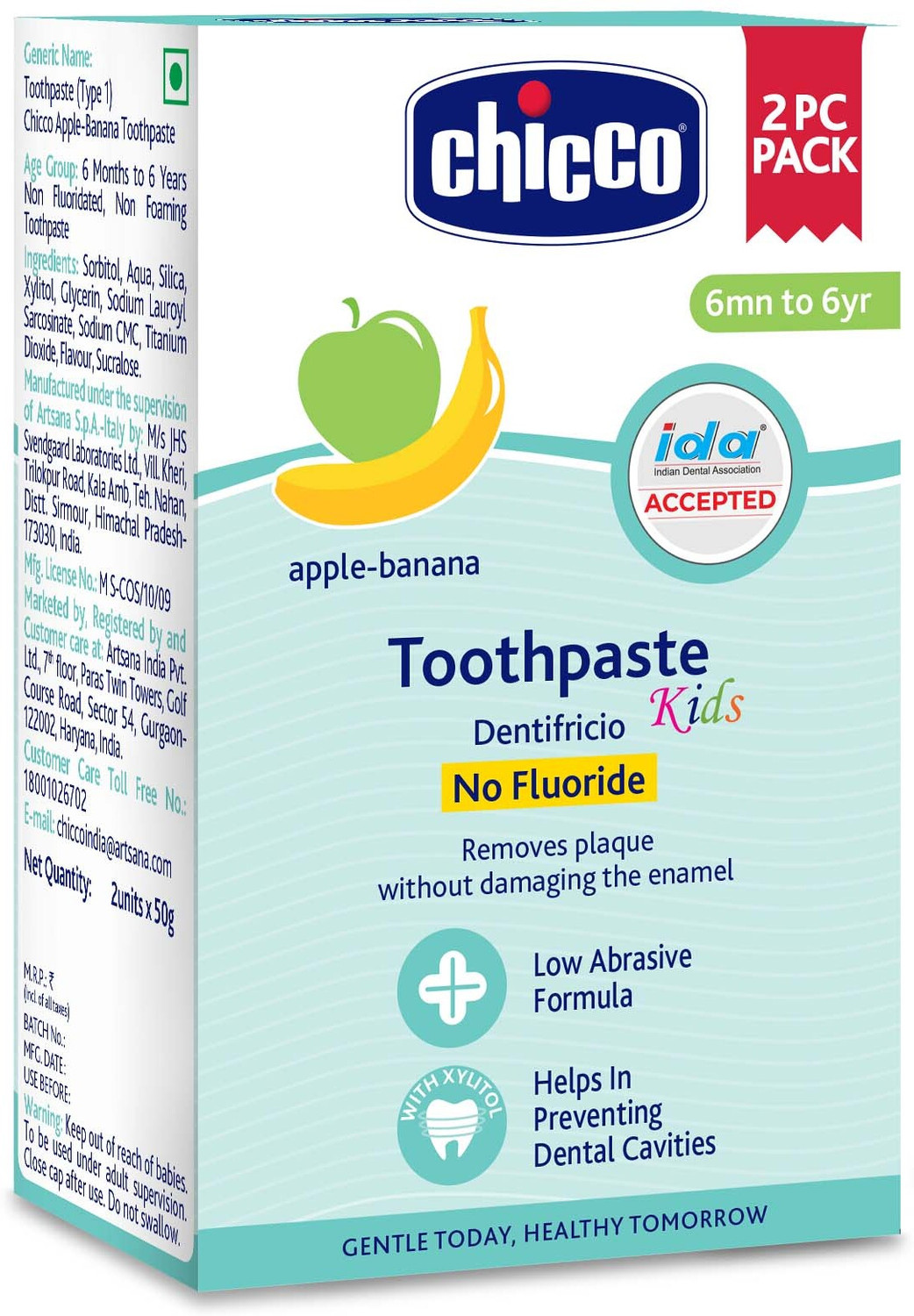 Image of Chicco Toothpaste Apple Banana 6M-6Y NOFL 50G 2P Toothpaste (100 g)